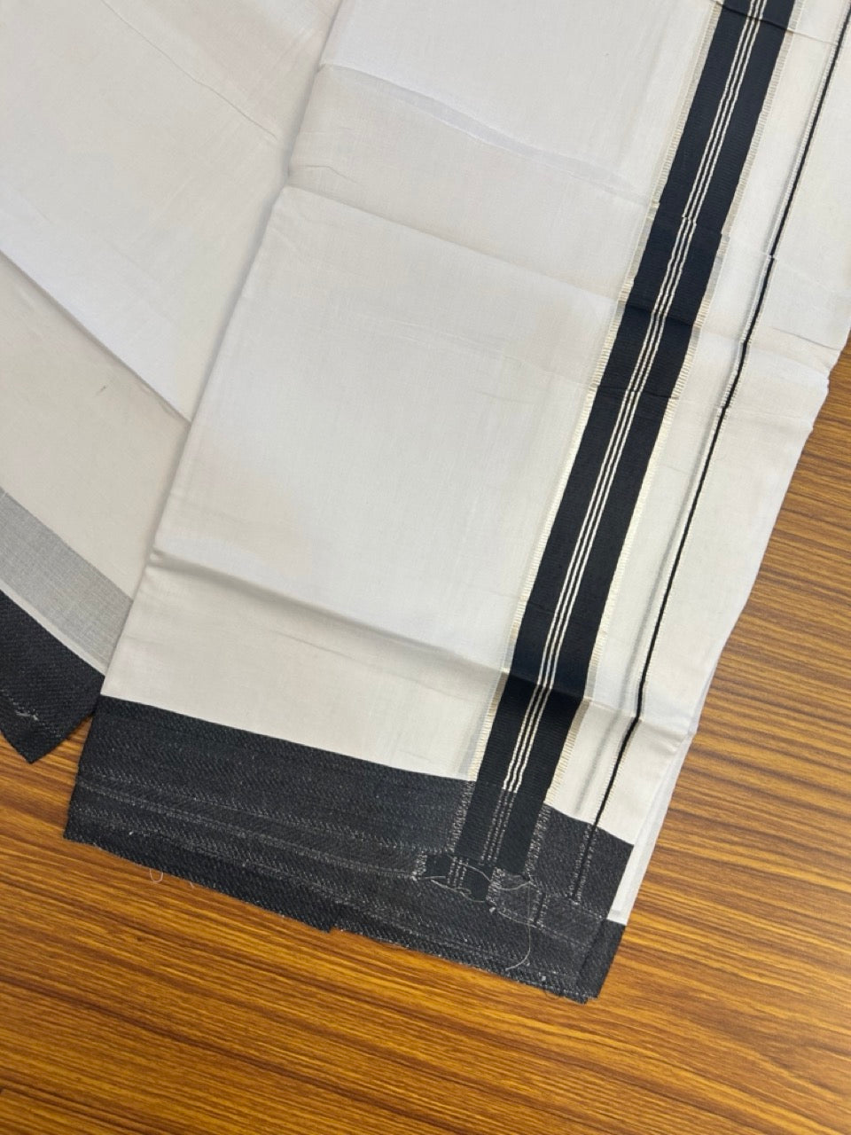 20% Discount ! KaithariKada Balaramapuram 100% Mercerised Cotton Double Ultra Pure white Mundu/Dhoti- 100x80 - 1.5 inch Black & Silver Kasav Striped Kara - 4mtr ( 8 muzham) - 2 KK5237 PMC