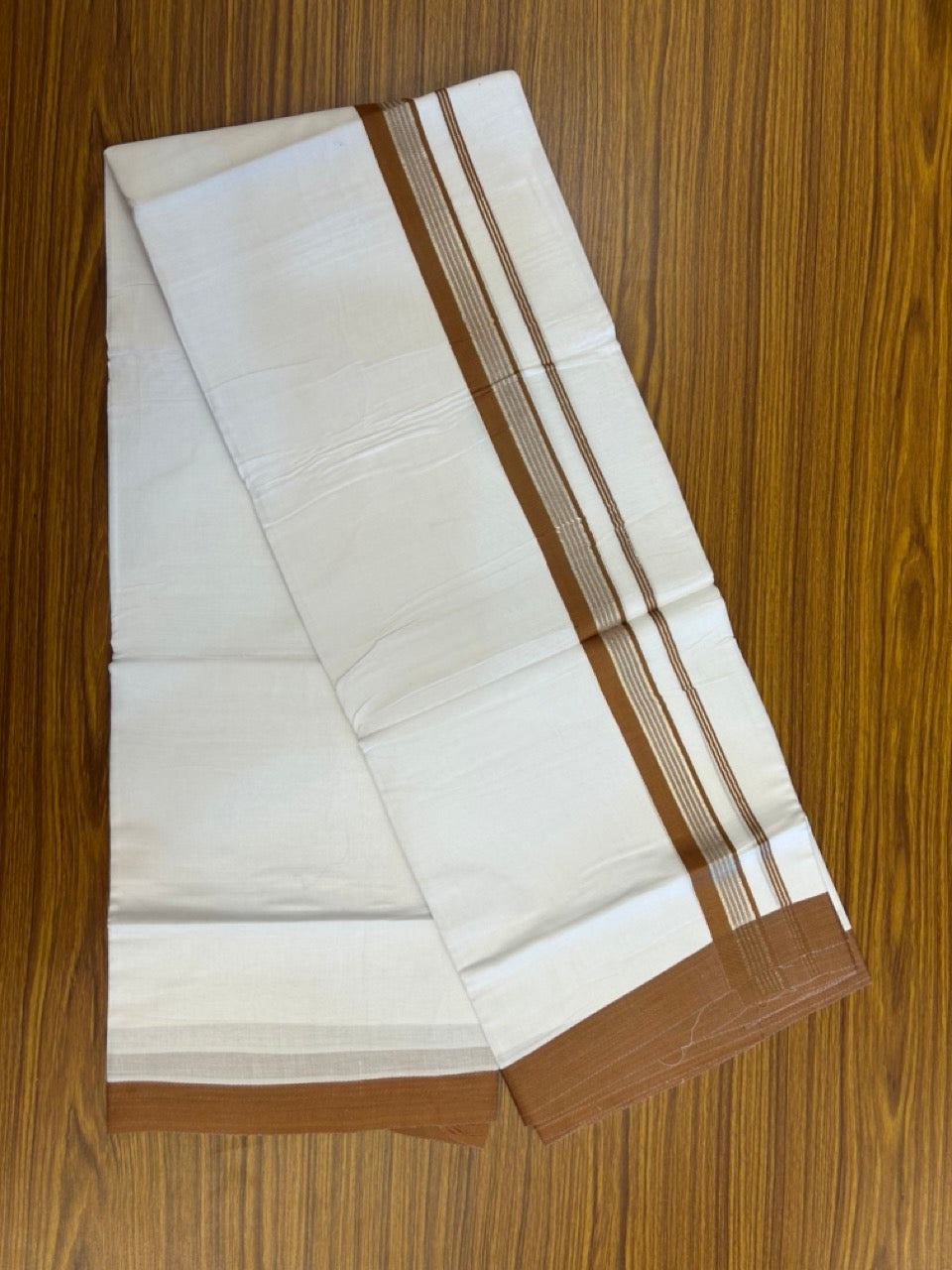 20% Discount ! KaithariKada Balaramapuram 100% Mercerised Cotton Double Ultra Pure white Mundu/Dhoti- 100x80 - 1.25 inch Brown & Silver Kasav Side Striped Kara - 4mtr ( 8 muzham) - 3 KK5237 PMC