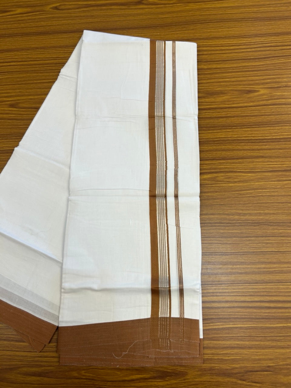 20% Discount ! KaithariKada Balaramapuram 100% Mercerised Cotton Double Ultra Pure white Mundu/Dhoti- 100x80 - 1.25 inch Brown & Silver Kasav Side Striped Kara - 4mtr ( 8 muzham) - 3 KK5237 PMC