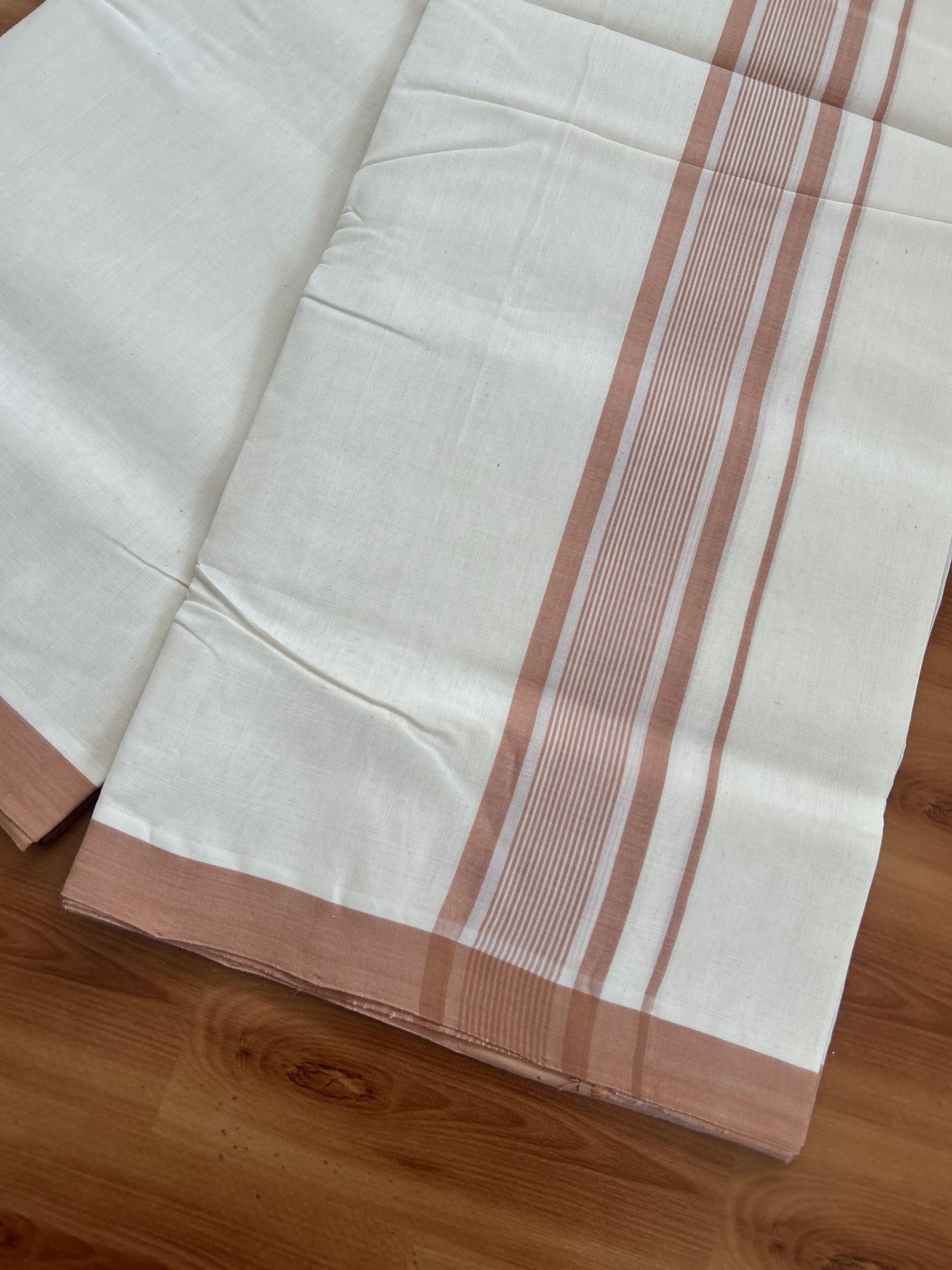25% Discount! KaithariKada Handloom Millpaav - Kerala Handloom - Cotton Double Mundu/Dhoti Off white (Unbleached) - 80x90 - 2 inch Orange Brown Shaded Stripes Kara 4.00 meter (8.5 Muzham) - 85 KK5383 RAM