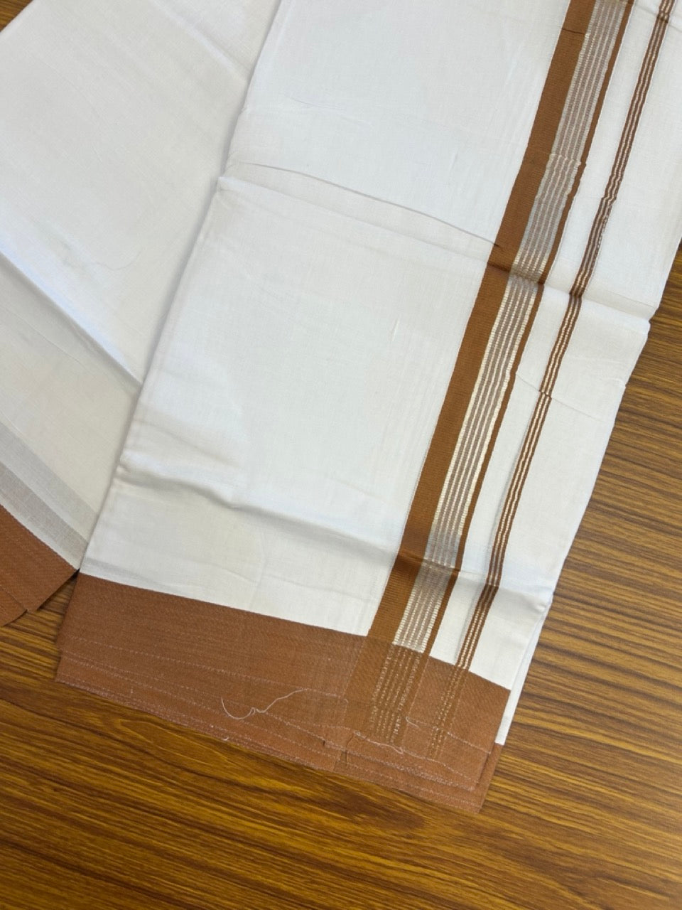 20% Discount ! KaithariKada Balaramapuram 100% Mercerised Cotton Double Ultra Pure white Mundu/Dhoti- 100x80 - 1.25 inch Brown & Silver Kasav Side Striped Kara - 4mtr ( 8 muzham) - 3 KK5237 PMC