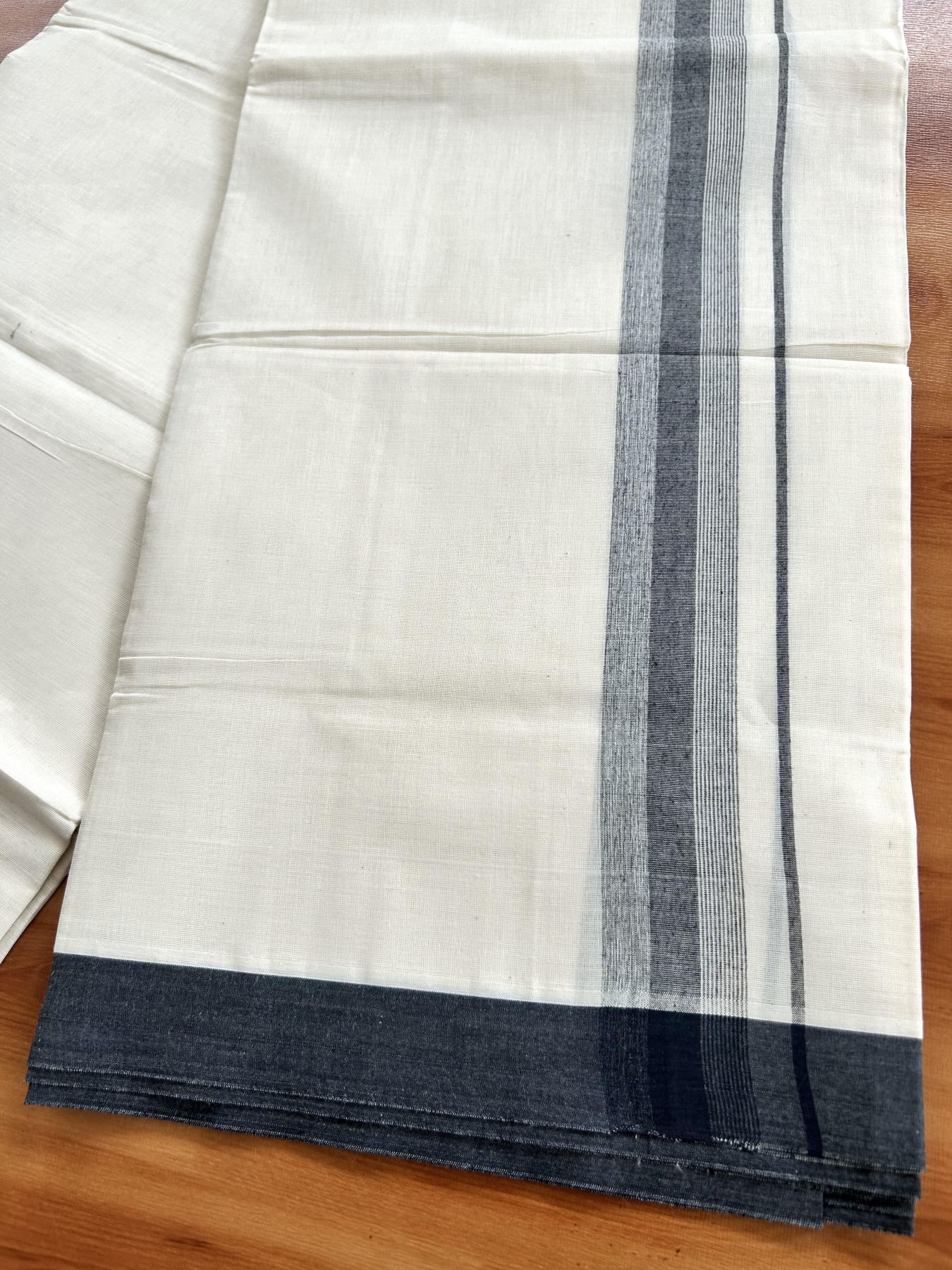 Double Off White (Unbleached) Mundu/Dhoti - 20% Discount! KaithariKada Pure Cotton - 100X80 - 1.75 inch Greyish Black Shaded Striped Kara 4 mtr (8.5 Muzham) - 58 KK5460 PMC
