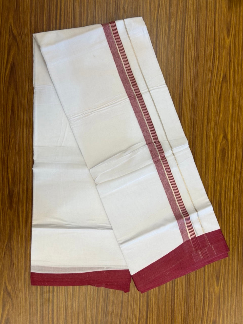 20% Discount ! KaithariKada Balaramapuram 100% Mercerised Cotton Double Ultra Pure white Mundu/Dhoti- 100x80 - 1.25 inch Maroon & Silver Kasav Shaded Striped Kara - 4mtr ( 8 muzham) - 4 KK5237 PMC