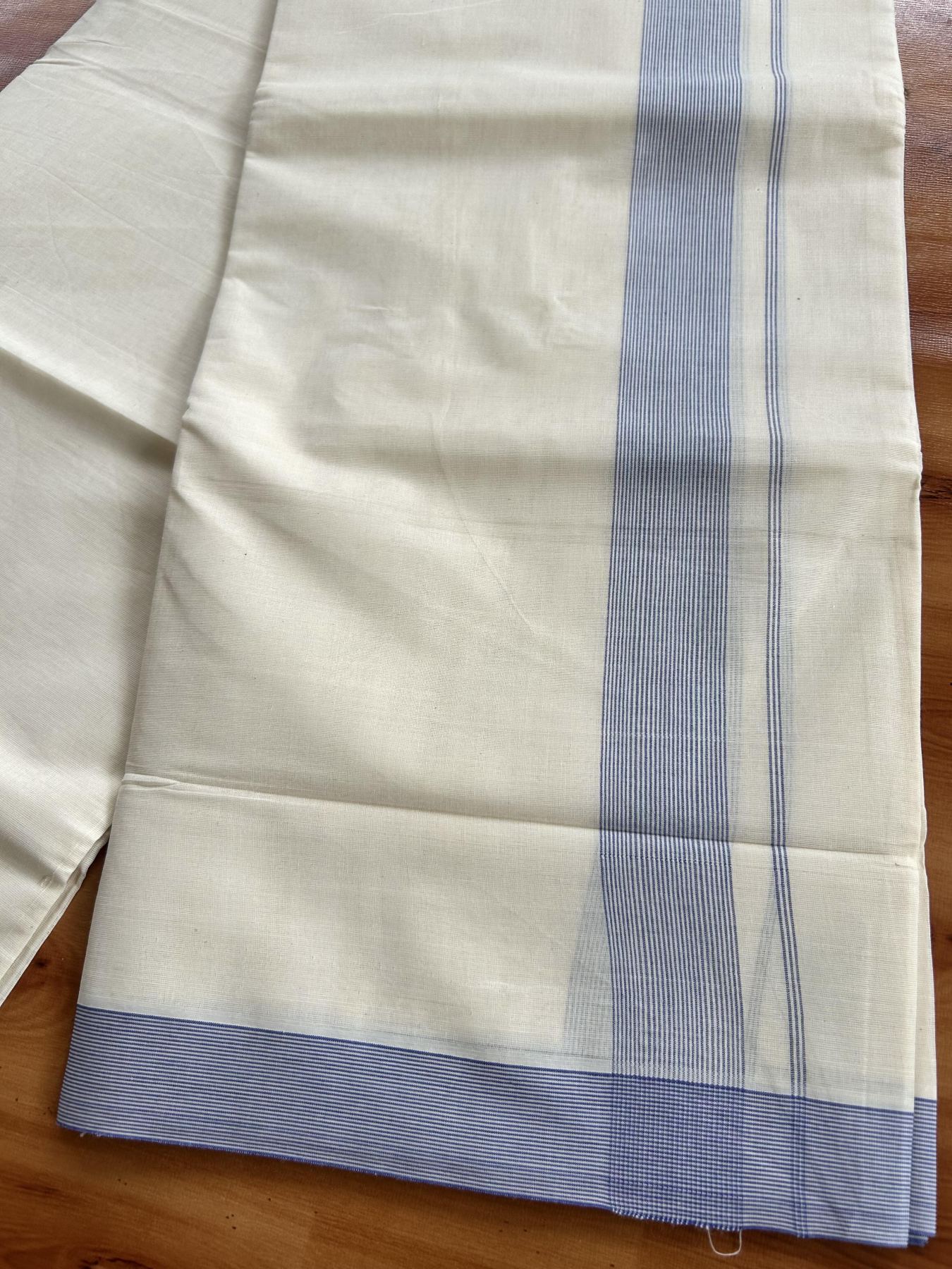 Double Off White (Unbleached) Mundu/Dhoti - 20% Discount! KaithariKada Pure Cotton - 100x80 - 1.5 inch Lavender Blue Shaded Striped Kara 4 mtr (8.5 Muzham) - 63 KK5460 PMC