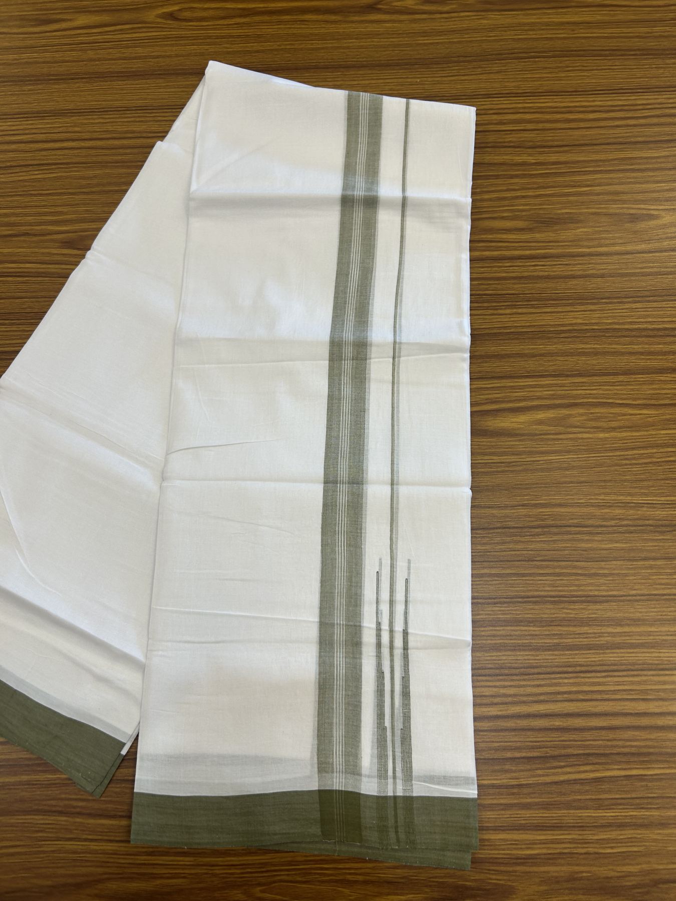20% Discount! KaithariKada Balaramapuram 100% Cotton Double Pure white Mundu/Dhoti- 100x80 - 1.25 inch Olive Green shaded striped chutty kara - 3.75 mtr ( 8 muzham) - 24 KK5315 VAS