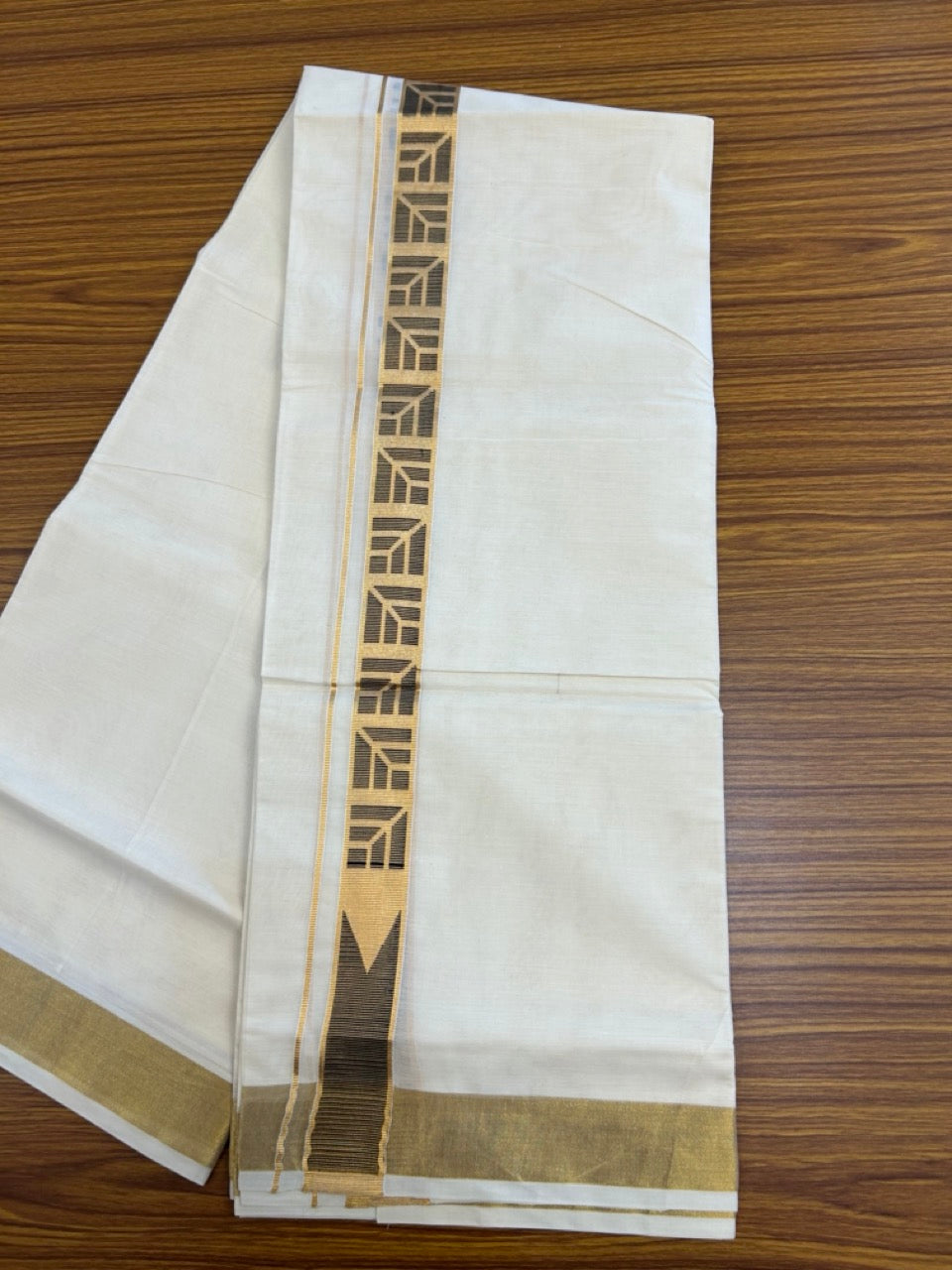 20% DISCOUNT ! KaithariKada Balaramapuram Mixed Cotton OFF White (Unbleached) Double Mundu/Dhoti - 80x80 Thread Mixed Cotton- 2.25 inch Gold kasavu & Black jacquard design Chutty kara - 31KK5113PMC