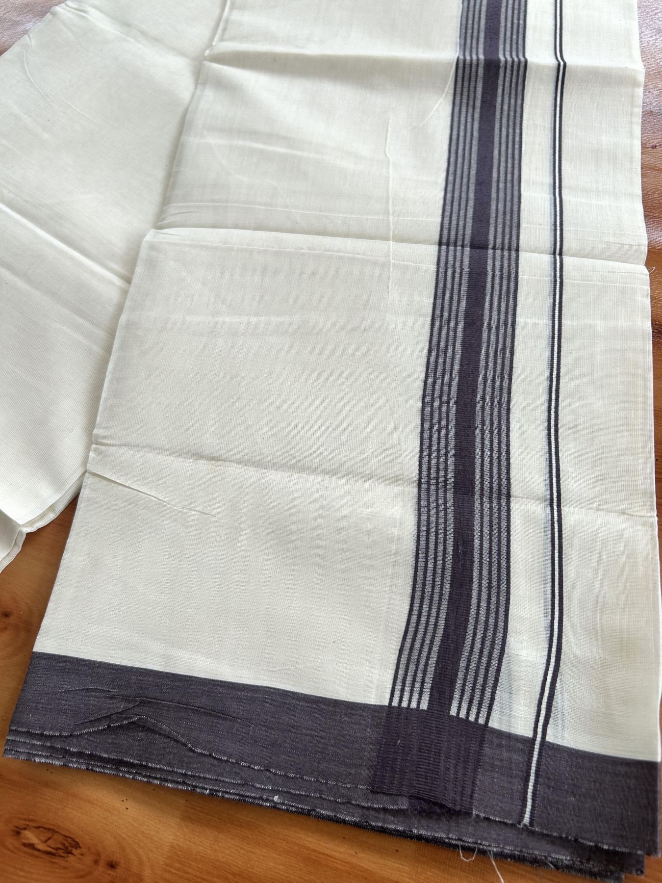Double Off White (Unbleached) Mundu/Dhoti - 20% Discount! KaithariKada Pure Cotton - 60s - 1.5 inch Dark Greyish Purple Shaded Striped Kara 4 mtr (8.5 Muzham) - 76 KK5460 PMC