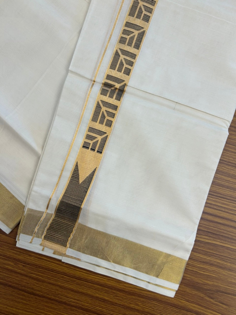 20% DISCOUNT ! KaithariKada Balaramapuram Mixed Cotton OFF White (Unbleached) Double Mundu/Dhoti - 80x80 Thread Mixed Cotton- 2.25 inch Gold kasavu & Black jacquard design Chutty kara - 31KK5113PMC