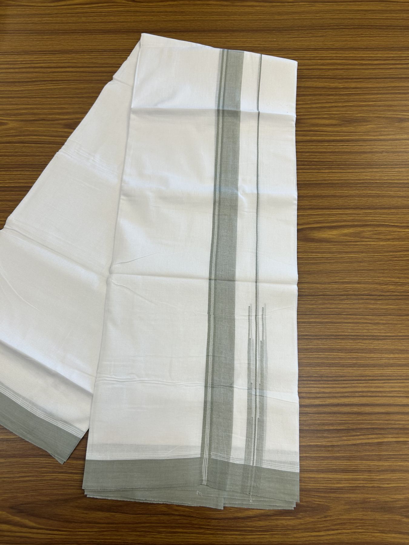 20% Discount! KaithariKada Balaramapuram 100% Cotton Double Pure white Mundu/Dhoti- 100x80 - 1.5 inch Sage Green shaded striped chutty kara - 3.75 mtr ( 8 muzham) - 29 KK5315 VAS