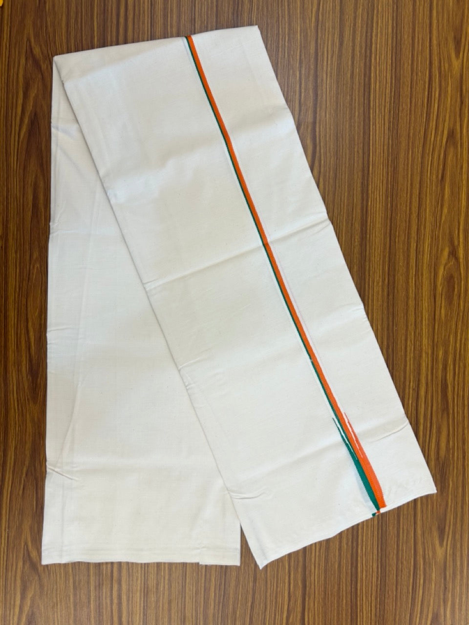 BJP VESHTI - 20% DISCOUNT! KaithariKada 100% Cotton Single off white - (Unbleached) Mundu/Dhoti - Twisted 100s Thread - 0.5 inch Puliyilakkara Orange & Green Chutty Kara - (2 meter / 4 muzham) - 1 KK5257 ASH