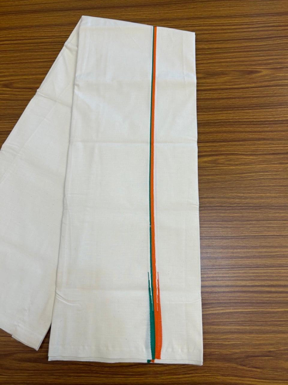BJP VESHTI - 20% DISCOUNT! KaithariKada 100% Cotton Single off white - (Unbleached) Mundu/Dhoti - Twisted 100s Thread - 0.5 inch Puliyilakkara Orange & Green Chutty Kara - (2 meter / 4 muzham) - 1 KK5257 ASH