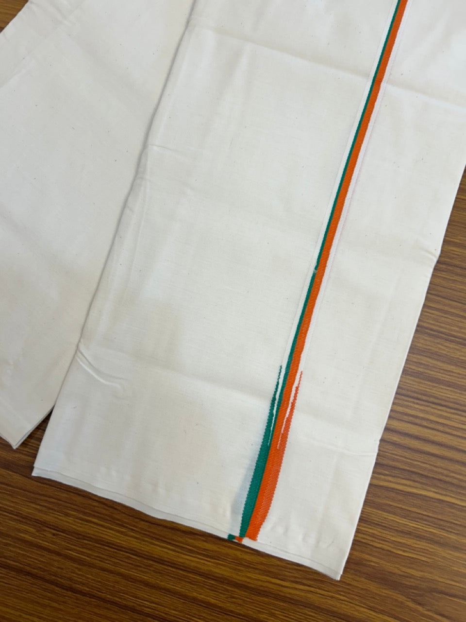 BJP VESHTI - 20% DISCOUNT! KaithariKada 100% Cotton Single off white - (Unbleached) Mundu/Dhoti - Twisted 100s Thread - 0.5 inch Puliyilakkara Orange & Green Chutty Kara - (2 meter / 4 muzham) - 1 KK5257 ASH