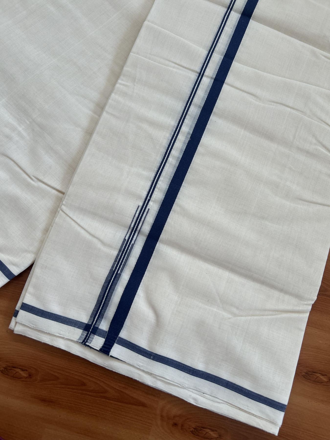 25% Discount!! KaithariKada Handloom Millpaav - Kerala Handloom - 100% Pure Cotton Off White Double Mundu/Dothi - (Unbleached) - 80x90 - 0.5 Inch Navy Blue Puliyilakkara chutty 4 mtr (8.5 Muzham) - 59 KK5383 RAM
