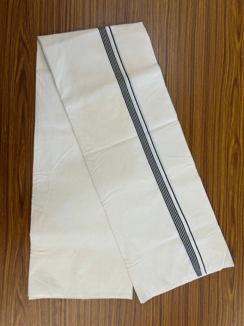 20% Discount ! KaithariKada Balaramapuram 100% COTTON SINGLE OFF WHITE - (Unbleached) Mundu/Dhoti-Twisted 100s Thread- 0.5 inch Black Striped Kara (2 meter / 4 muzham) - 3 KK5257 ASH