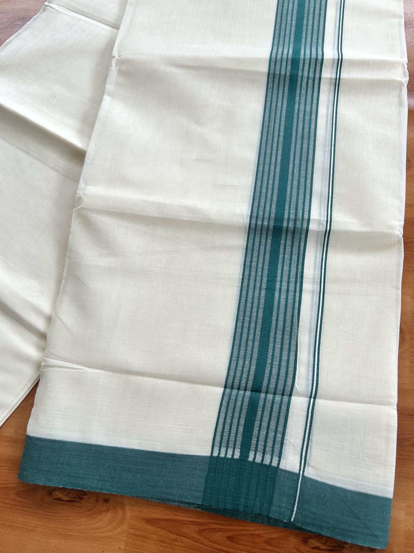 Double Off White (Unbleached) Mundu/Dhoti - 20% Discount! KaithariKada Pure Cotton - 60s - 1.5 inch Green Shaded Striped Kara 4 mtr (8.5 Muzham) - 74 KK5460 PMC