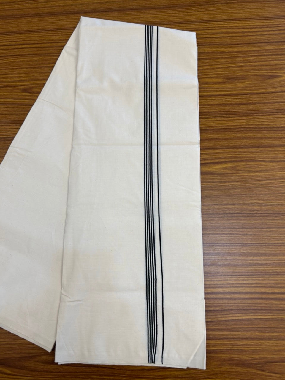 20% Discount ! KaithariKada Balaramapuram 100% COTTON SINGLE OFF WHITE - (Unbleached) Mundu/Dhoti-Twisted 100s Thread- 0.5 inch Black Striped Kara (2 meter / 4 muzham) - 3 KK5257 ASH