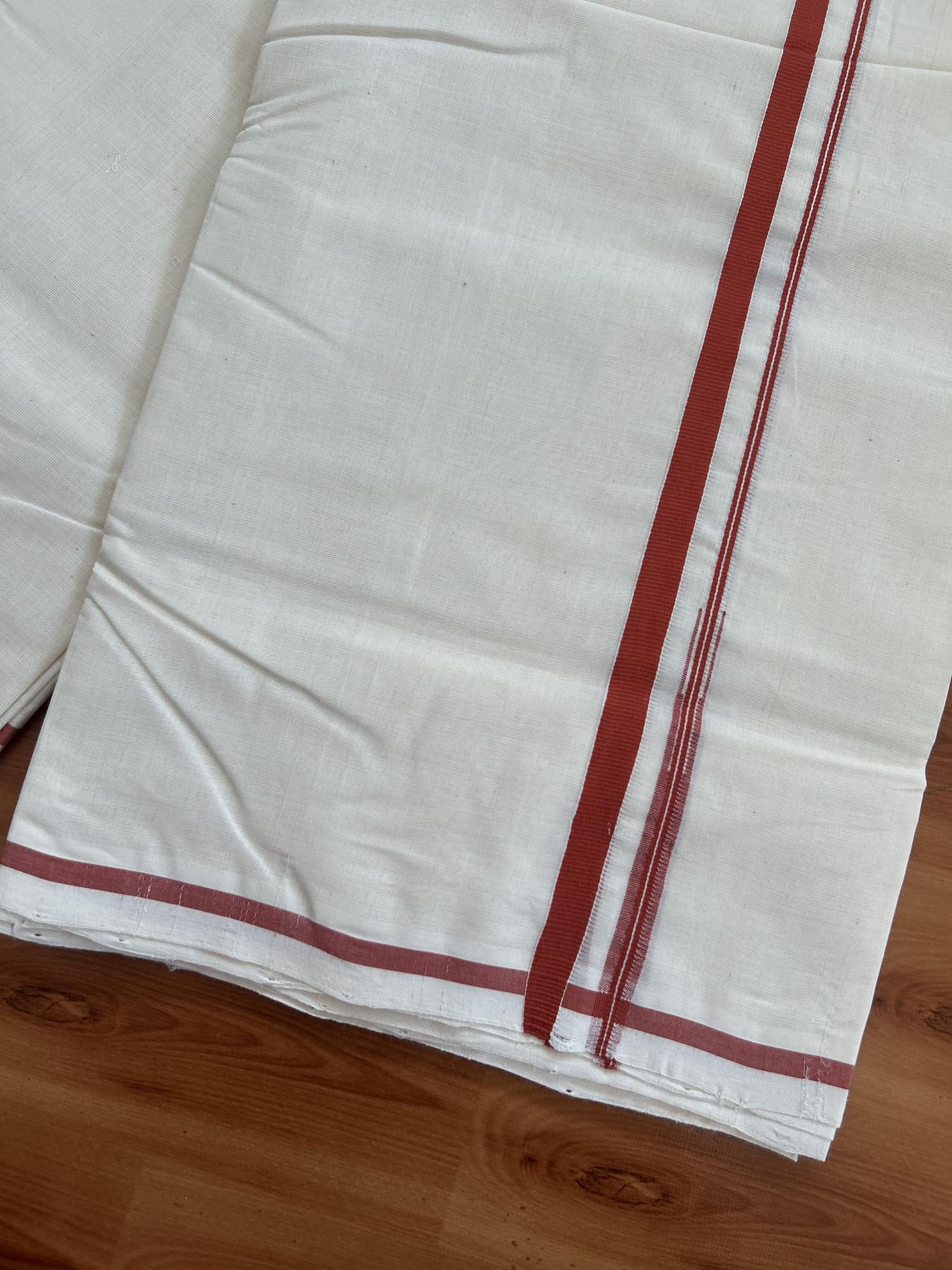 25% Discount!! KaithariKada Handloom Millpaav - Kerala Handloom - 100% Pure Cotton Off White Double Mundu/Dothi - (Unbleached) - 80x90 - 0.5 Inch Burnt Orange Puliyilakkara chutty 4 mtr (8.5 Muzham) - 60 KK5383 RAM