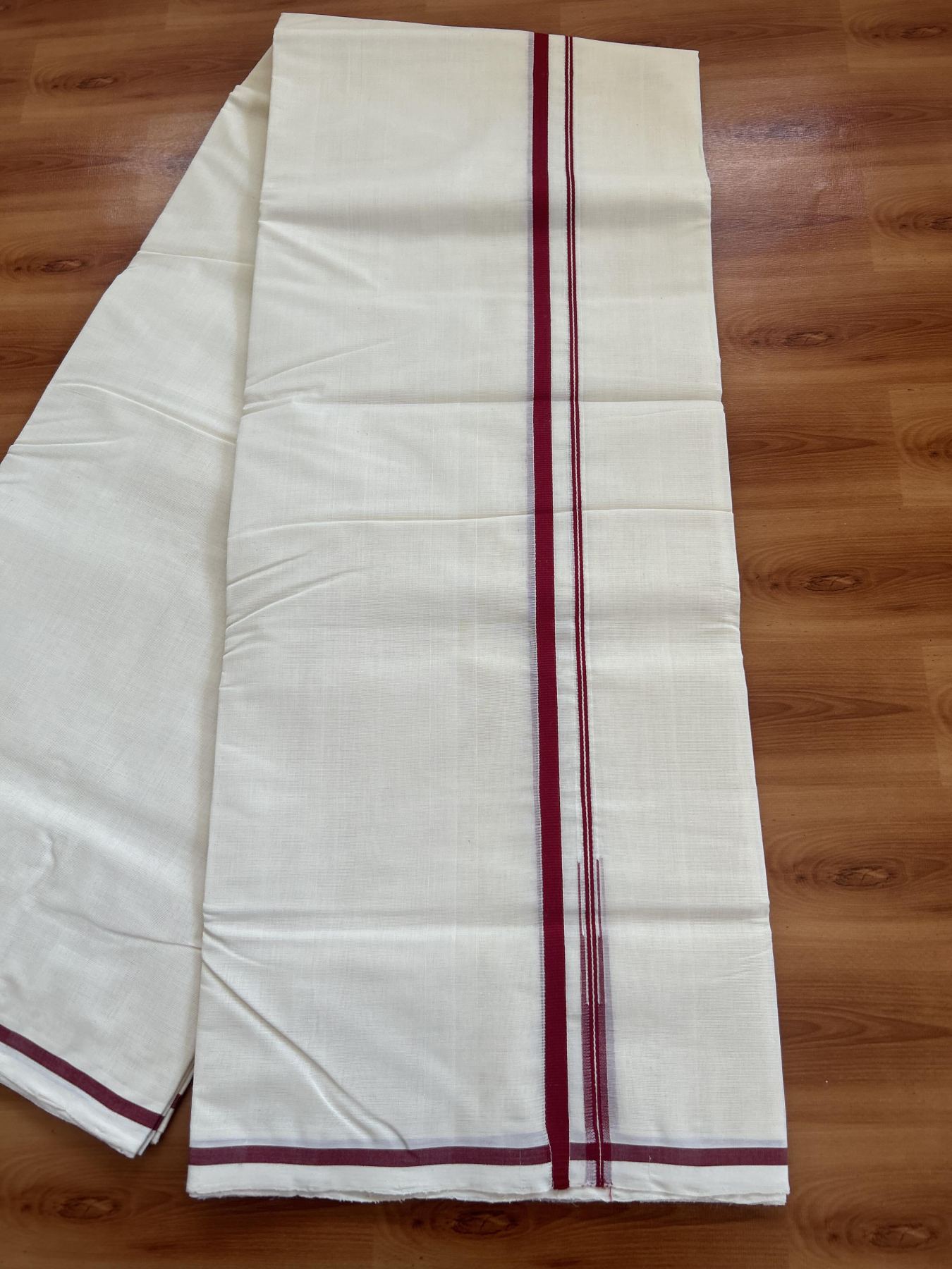 25% Discount!! KaithariKada Handloom Millpaav - Kerala Handloom - 100% Pure Cotton Off White Double Mundu/Dothi - (Unbleached) - 80x90 - 0.5 Inch Maroon Red Puliyilakkara chutty 4 mtr (8.5 Muzham) - 61 KK5383 RAM