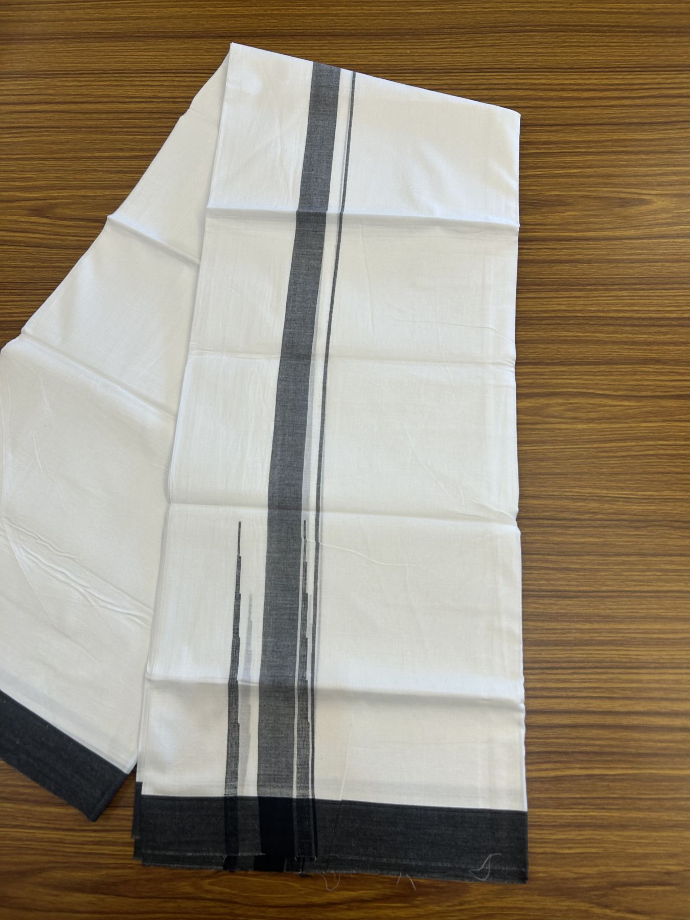 20% Discount! KaithariKada Balaramapuram 100% Cotton Double Pure white Mundu/Dhoti- 100x80 - 2 inch Black shaded striped chutty kara - 3.80 mtr ( 8 muzham) - 32 KK5315 VAS