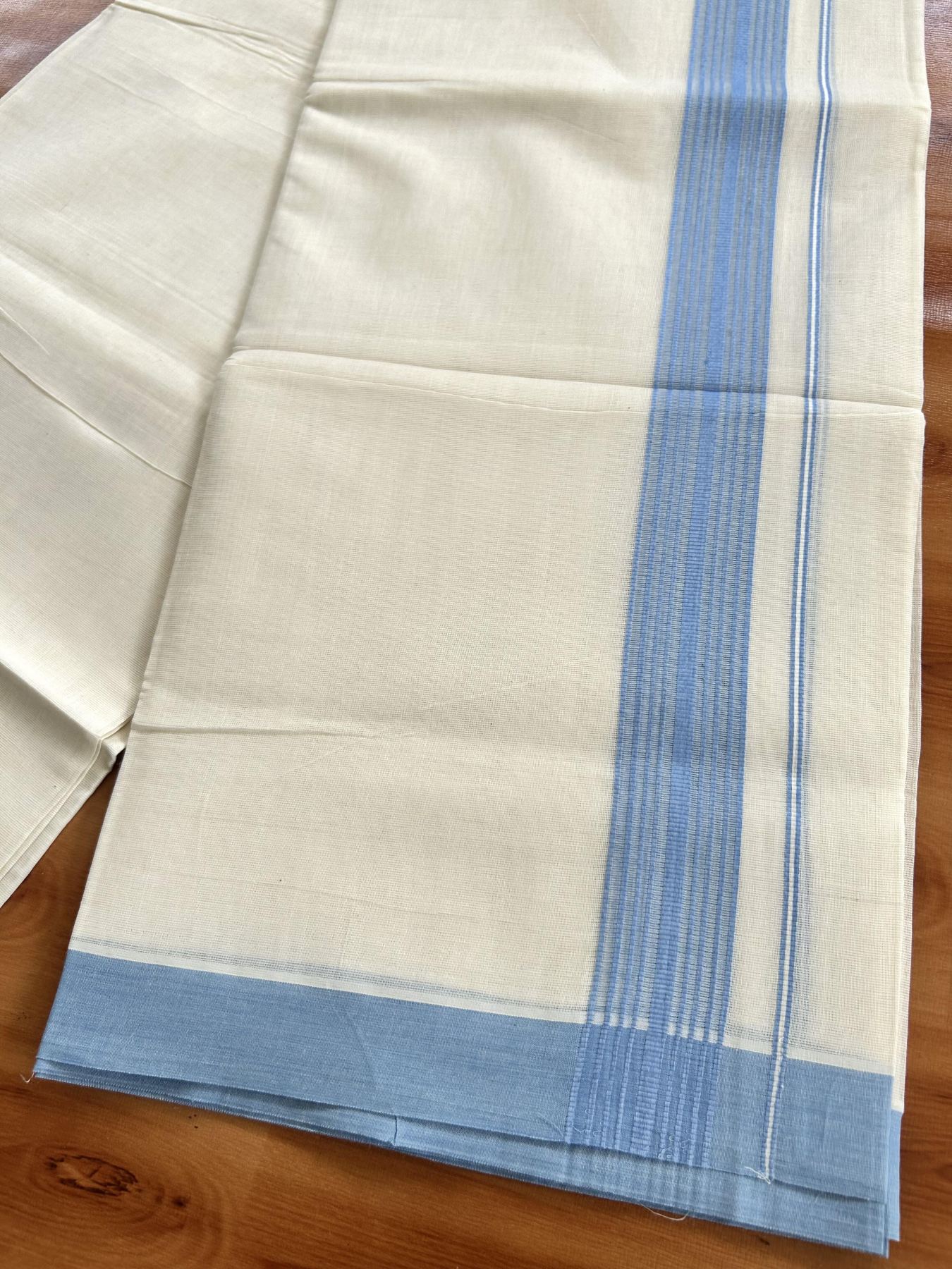 Double Off White (Unbleached) Mundu/Dhoti - 20% Discount! KaithariKada Pure Cotton - 60s - 1.5 inch Light Blue Shaded Striped Kara 4 mtr (8.5 Muzham) - 73 KK5460 PMC