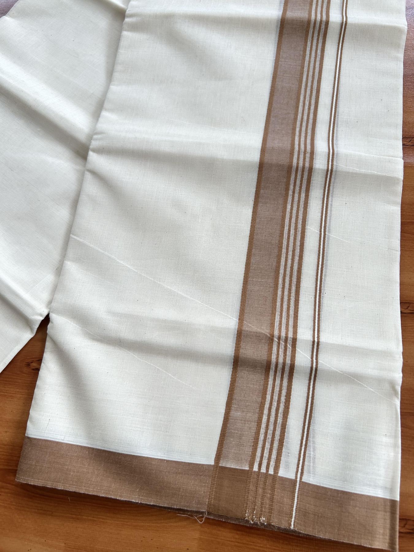 Double Off White (Unbleached) Mundu/Dhoti - 20% Discount! KaithariKada Pure Cotton - 60s - 1.5 inch Brownish Orange Shaded Striped Kara 4 mtr (8.5 Muzham) - 68 KK5460 PMC