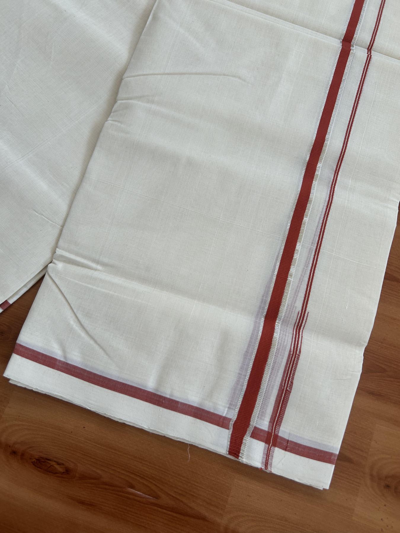 25% Discount!! KaithariKada Handloom Millpaav - Kerala Handloom - 100% Pure Cotton Off White Double Mundu/Dothi - (Unbleached) - 80x90 - 0.5 Inch Silver Kasav Burnt Orange Puliyilakkara chutty 4 mtr (8.5 Muzham) - 54 KK5383 RAM
