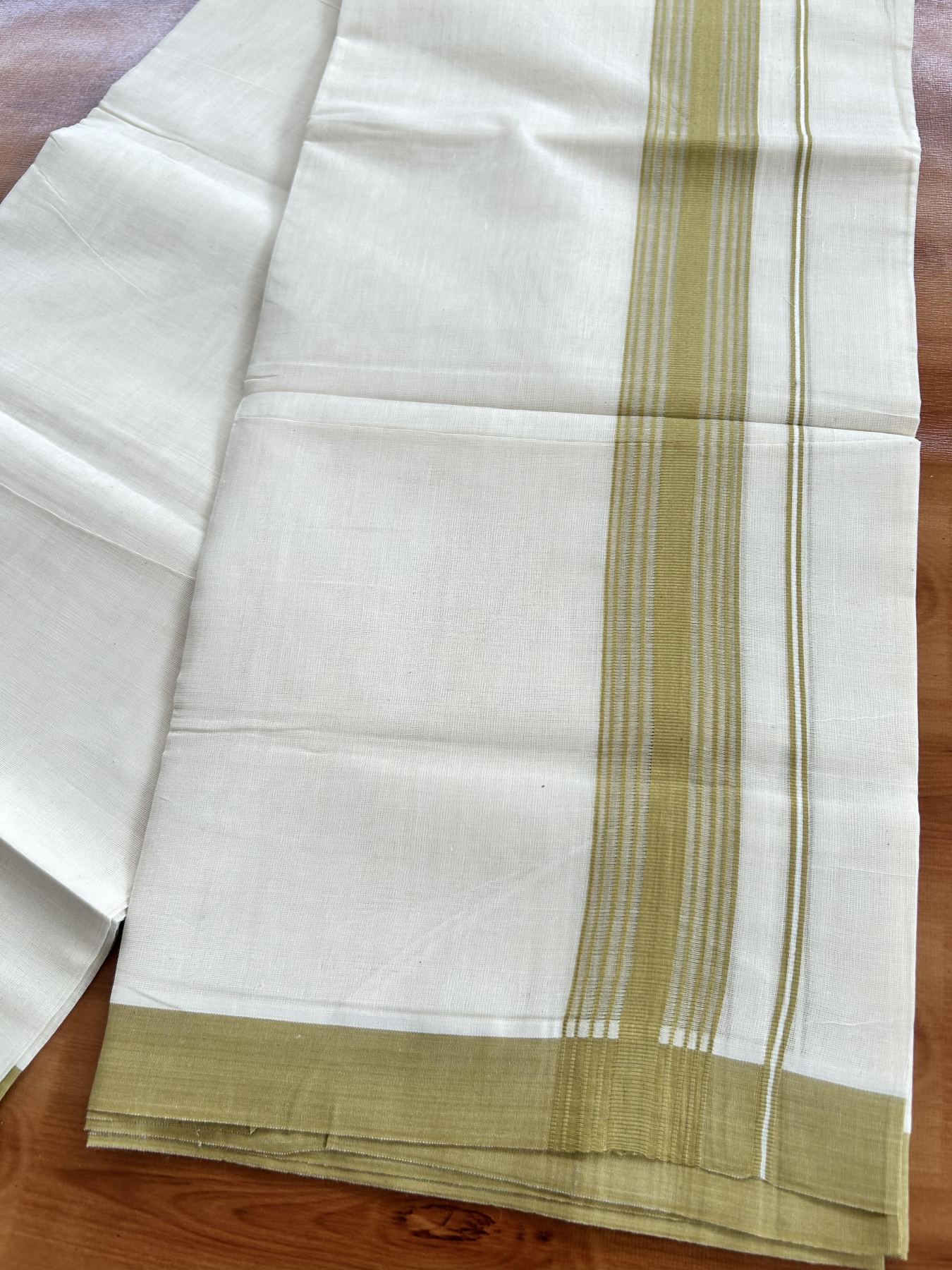 Double Off White (Unbleached) Mundu/Dhoti - 20% Discount! KaithariKada Pure Cotton - 60s - 1.5 inch Greenish Yellow Shaded Striped Kara 4 mtr (8.5 Muzham) - 72 KK5460 PMC
