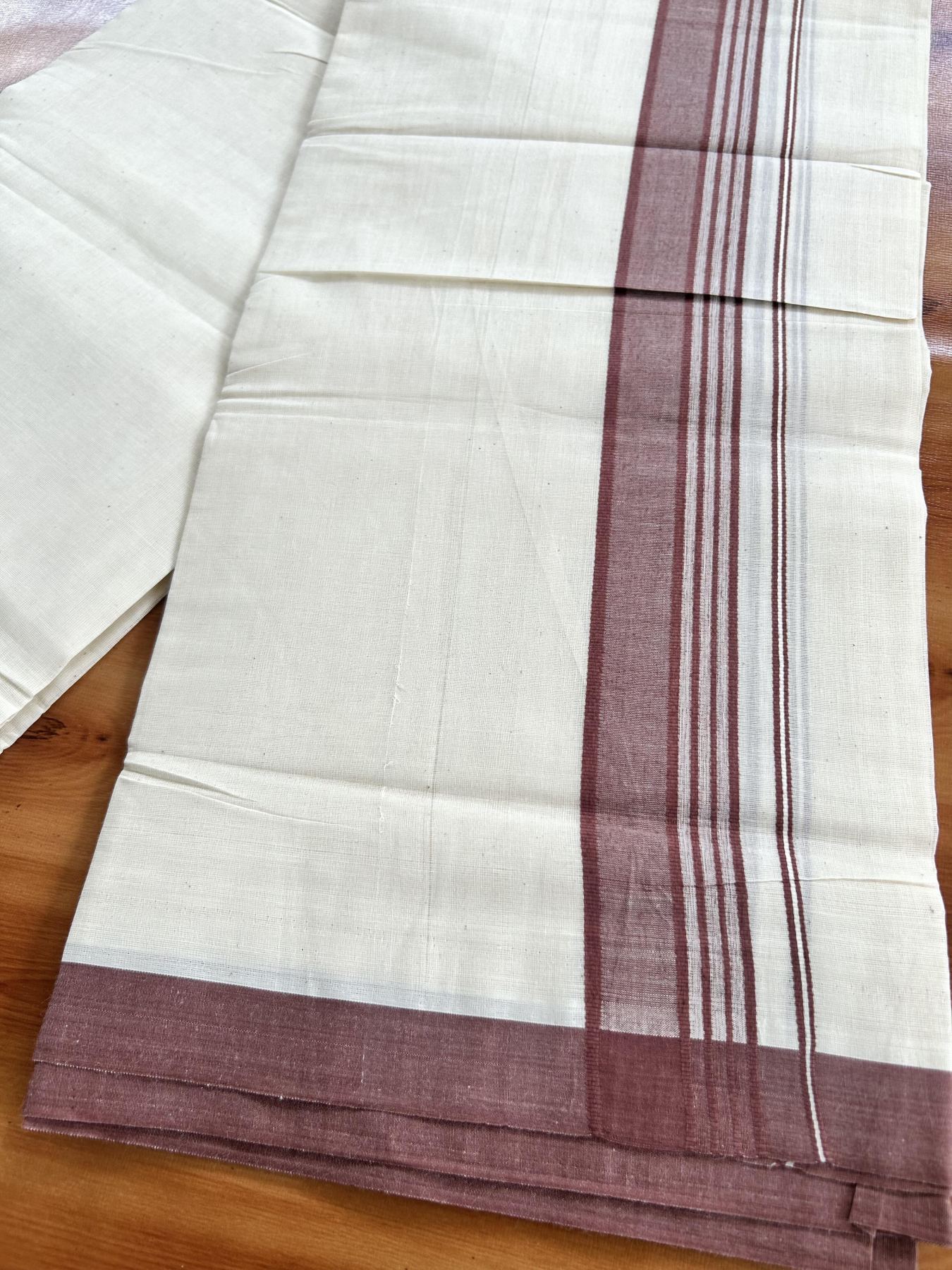 Double Off White (Unbleached) Mundu/Dhoti - 20% Discount! KaithariKada Pure Cotton - 60s - 1.5 inch Pastel Maroon Shaded Striped Kara 4 mtr (8.5 Muzham) - 67 KK5460 PMC