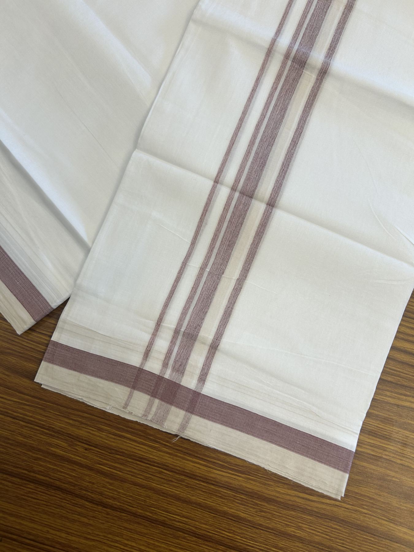 20% Discount! KaithariKada Balaramapuram 100% Cotton Double Pure white Mundu/Dhoti- 100x80 - 1.5 inch Maroon & Cream shaded kara - 3.80 mtr ( 8 muzham) - 34 KK5315 VAS
