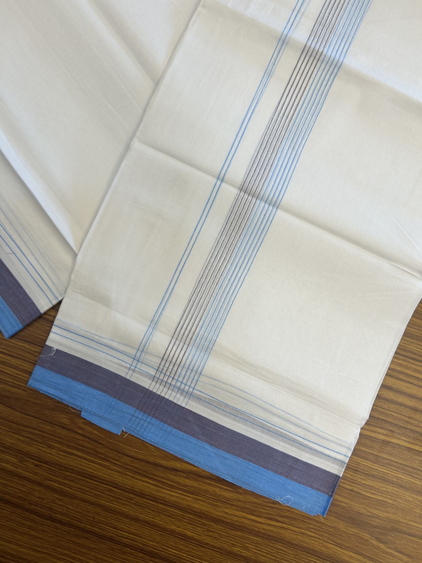 20% Discount ! Kaitharikada Balaramapuram 100% Cotton Pure White Double Mundu/Dothi - 100x80 - 1.75 inch Light Blue & Maroon Stripes Kara 4 mtr (8.5 muzham) - 51 KK5315 VAS