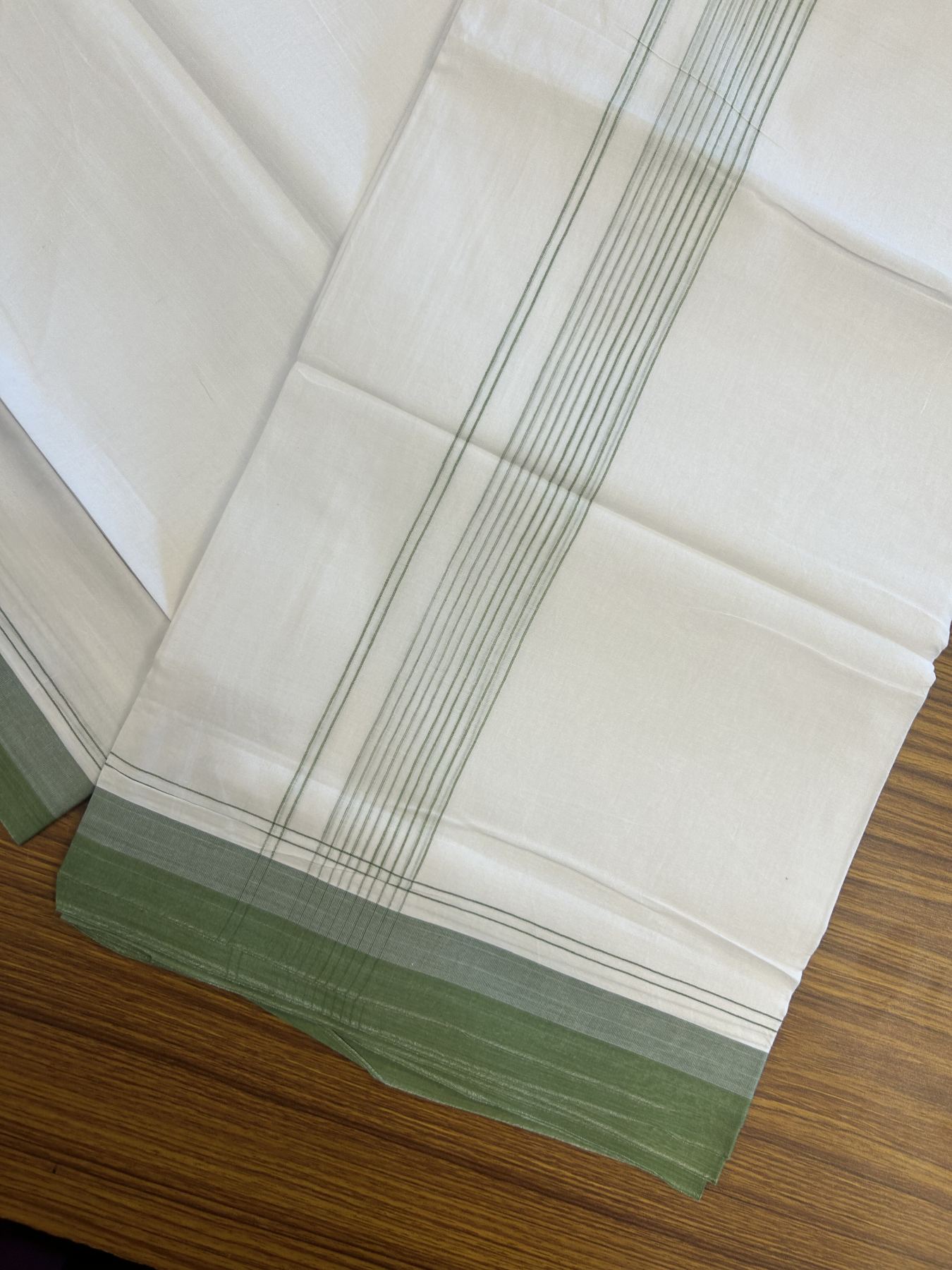 20% Discount ! Kaitharikada Balaramapuram 100% Cotton Pure White Double Mundu/Dothi - 100x80 - 1.75 inch Green & Cadet Blue Stripes Kara 4 mtr (8.5 muzham) - 48 KK5315 VAS