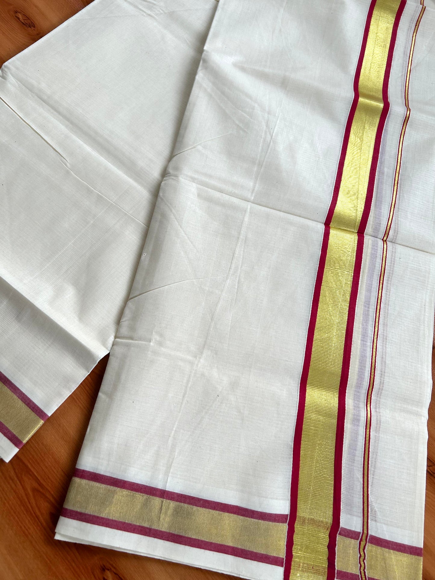 Double Off White - (Unbleached) Mundu/Dhoti - 20% Discount! KaithariKada Balaramapuram Pure Cotton - 80s - 1.25 inch Gold Kasav & Maroon Kara - 4 mtr (8.5 Muzham) - 6 KK5413 GAN