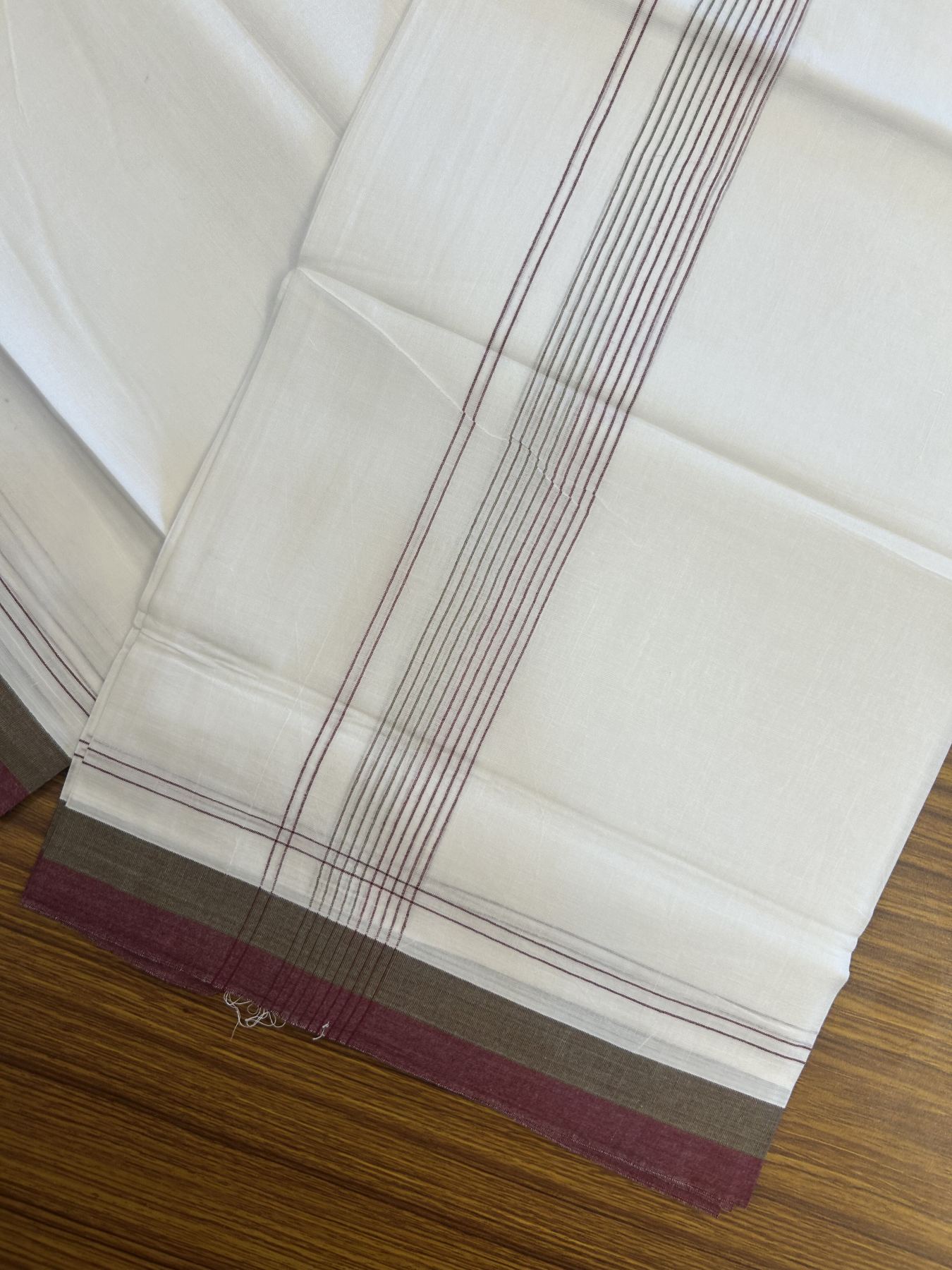 20% Discount ! Kaitharikada Balaramapuram 100% Cotton Pure White Double Mundu/Dothi - 100x80 - 1.75 inch Olive Green & Maroon Stripes Kara 4 mtr (8.5 muzham) - 54 KK5315 VAS