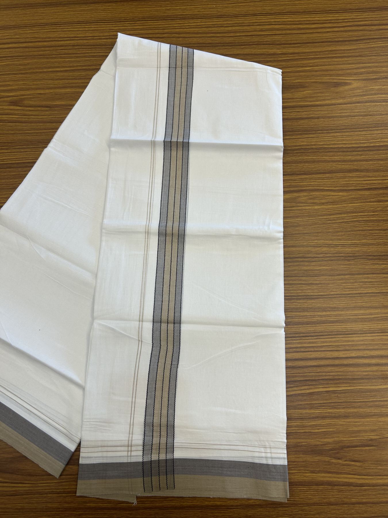 20% Discount! KaithariKada Balaramapuram 100% Cotton Double Pure white Mundu/Dhoti- 100x80 - 1.25 inch Olive Brown shaded kara - 3.75 mtr ( 8 muzham) - 63 KK5315 VAS