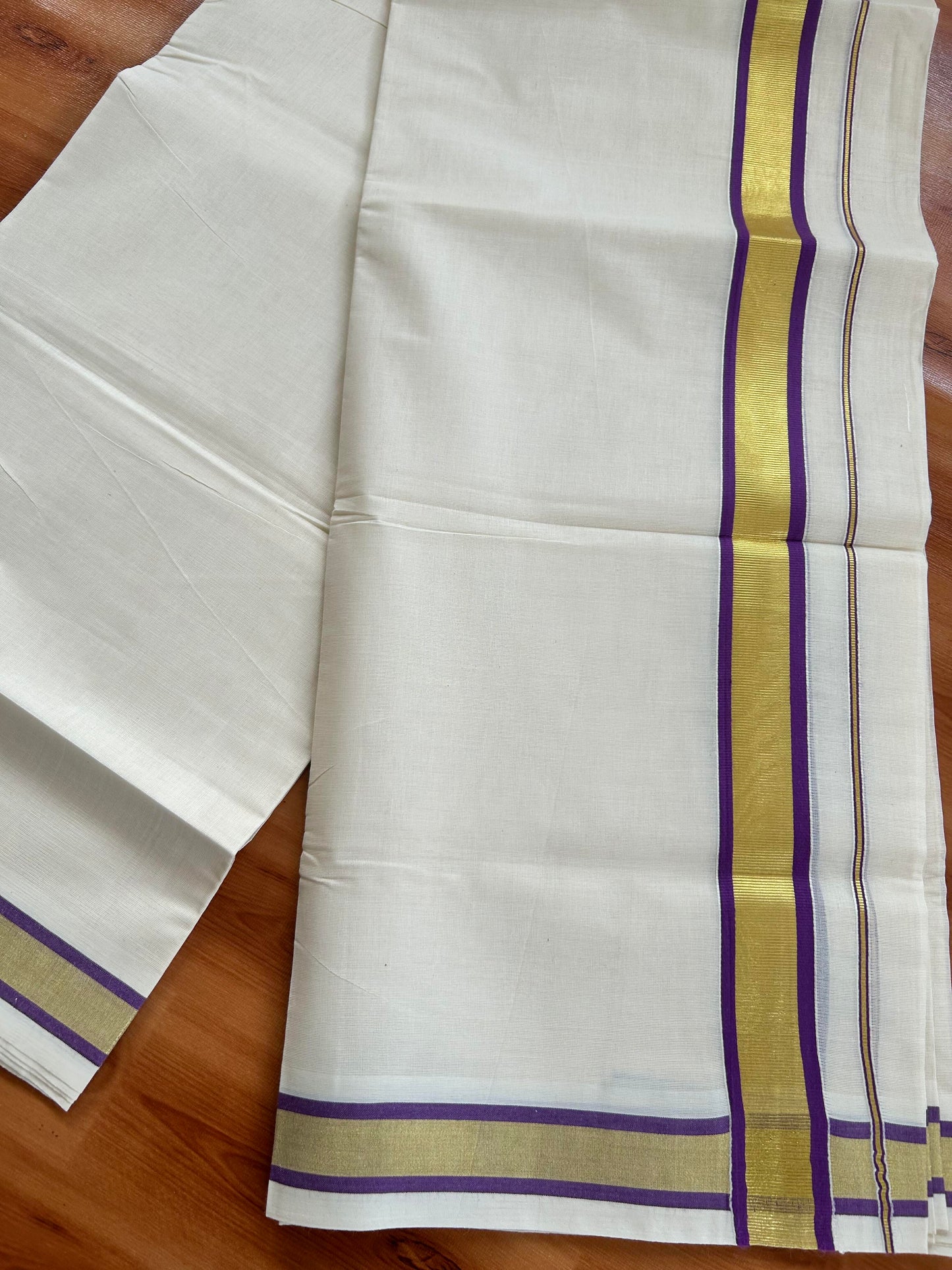 Double Off White - (Unbleached) Mundu/Dhoti - 20% Discount! KaithariKada Balaramapuram Pure Cotton - 80s - 1.25 inch Gold Kasav & Purple Kara - 4 mtr (8.5 Muzham) -3 KK5413 GAN