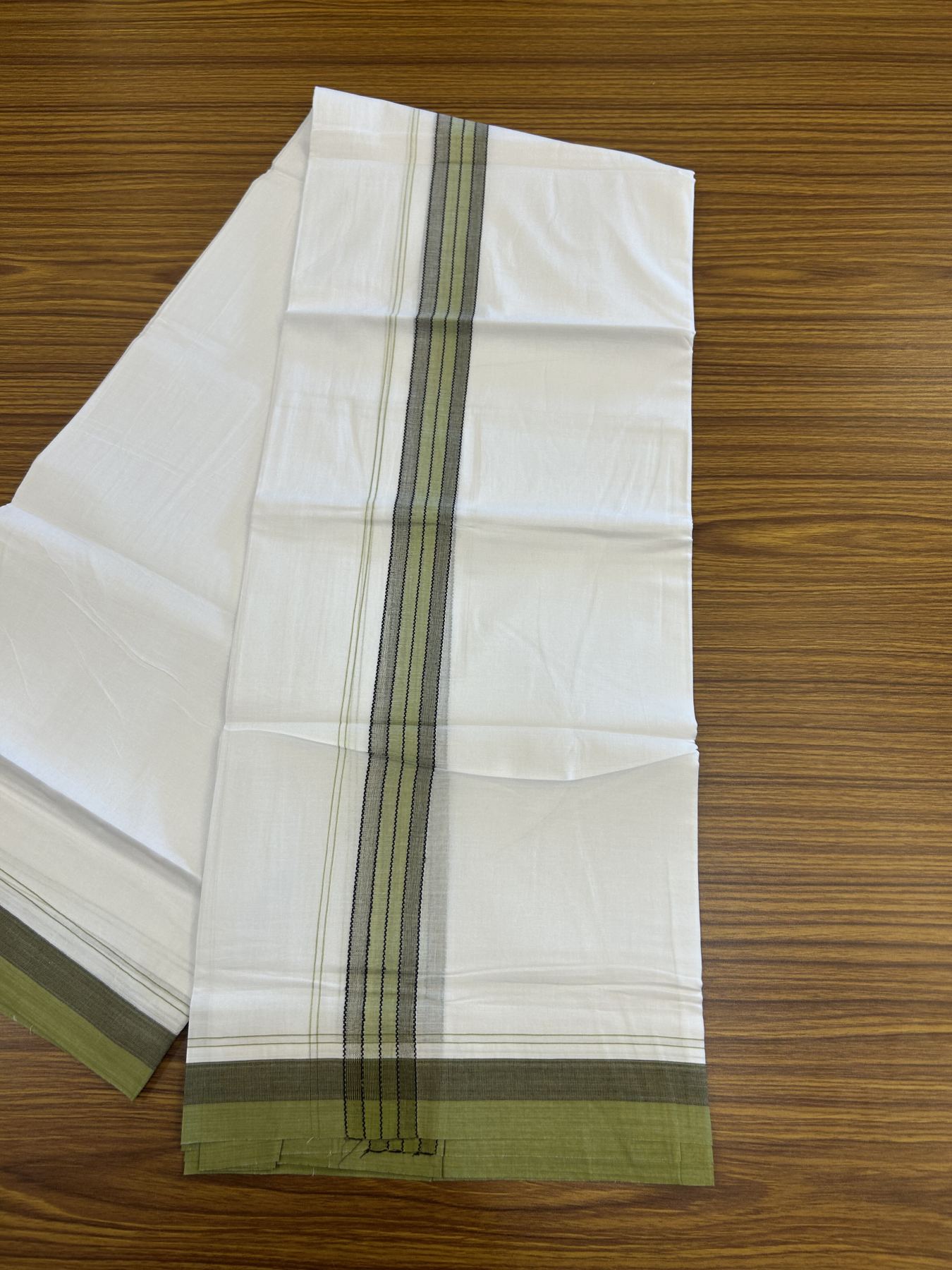 20% Discount! KaithariKada Balaramapuram 100% Cotton Double Pure white Mundu/Dhoti- 100x80 - 1.25 inch Olive Green & Brown shaded kara - 3.75 mtr ( 8 muzham) - 62 KK5315 VAS