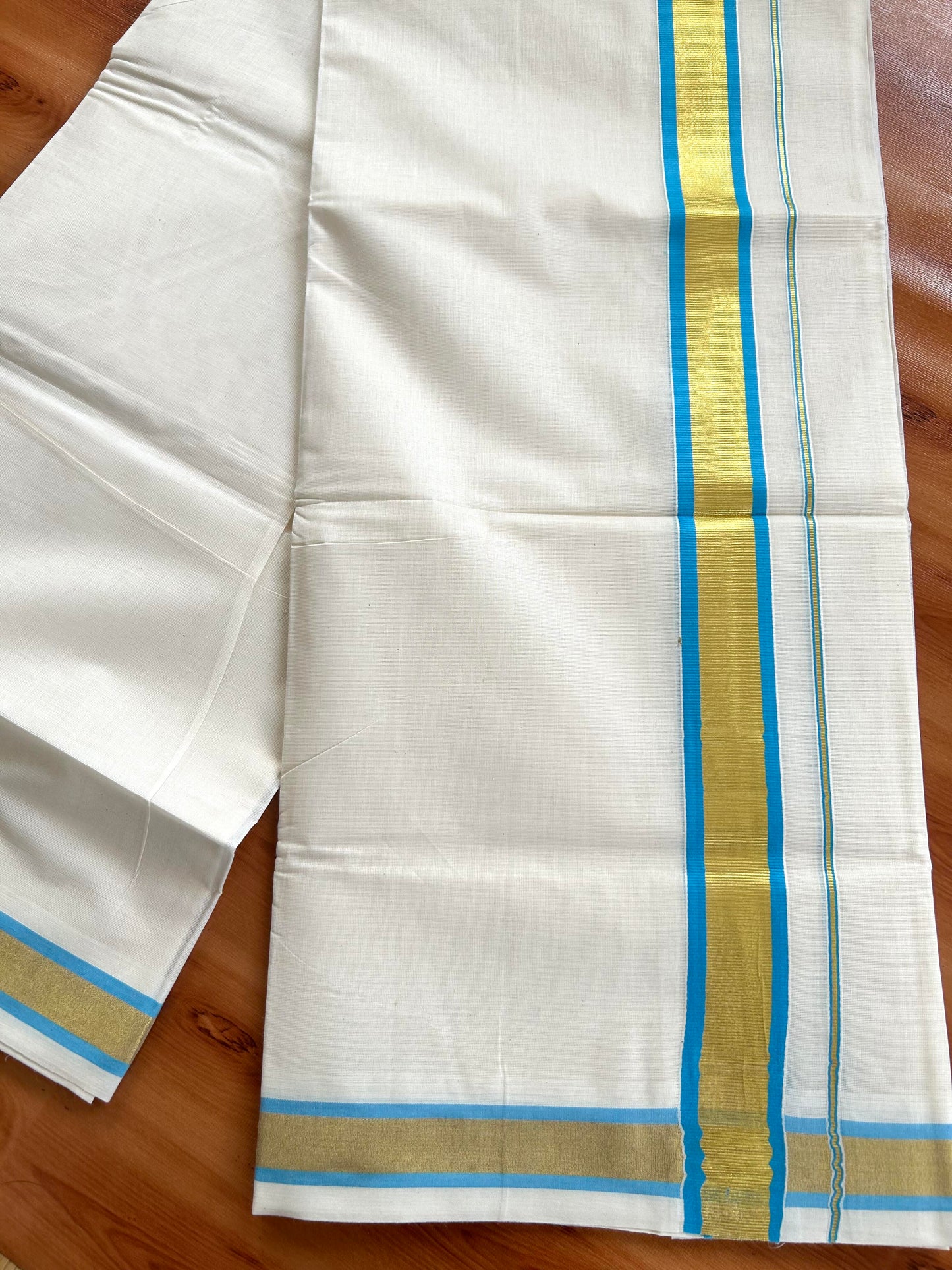 Double Off White - (Unbleached) Mundu/Dhoti - 20% Discount! KaithariKada Balaramapuram Pure Cotton - 80s - 1.25 inch Gold Kasav & Sky Blue Kara - 4 mtr (8.5 Muzham) -1 KK5413 GAN