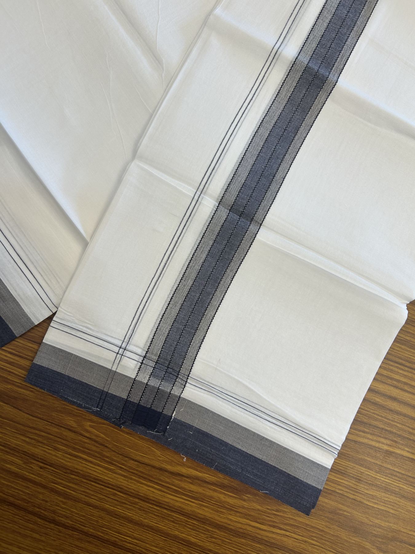 20% Discount! KaithariKada Balaramapuram 100% Cotton Double Pure white Mundu/Dhoti- 100x80 - 1.25 inch Navy Blue shaded kara - 3.75 mtr ( 8 muzham) - 60 KK5315 VAS