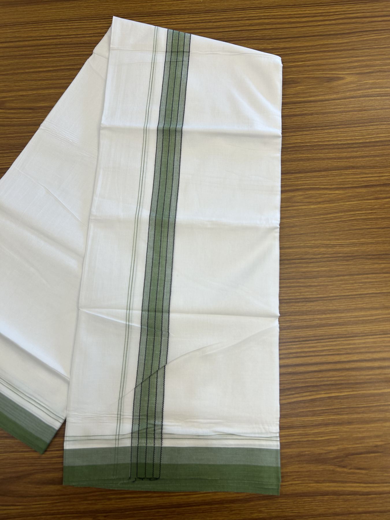 20% Discount! KaithariKada Balaramapuram 100% Cotton Double Pure white Mundu/Dhoti- 100x80 - 1.25 inch Green shaded kara - 3.75 mtr ( 8 muzham) - 61 KK5315 VAS
