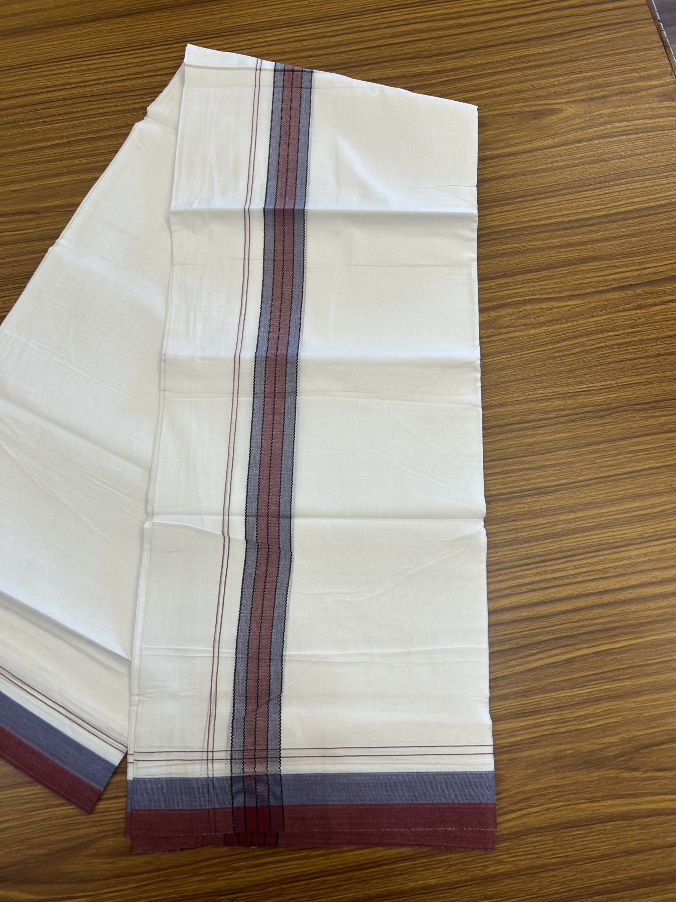 20% Discount! KaithariKada Balaramapuram 100% Cotton Double Pure white Mundu/Dhoti- 100x80 - 1.25 inch Blue & Maroon shaded kara - 3.75 mtr ( 8 muzham) - 57 KK5315 VAS