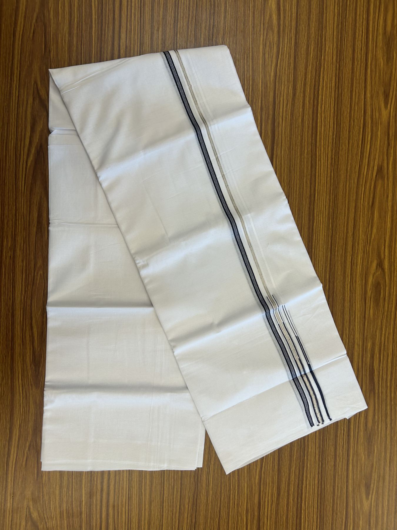 20% Discount! KaithariKada Balaramapuram 100% Cotton Double Pure white Mundu/Dhoti- 100x80 - 1 cm Silver Navy Blue Striped One Side Double Chutty kara - 3.75 mtr ( 8 muzham) - 2 KK5315 VAS