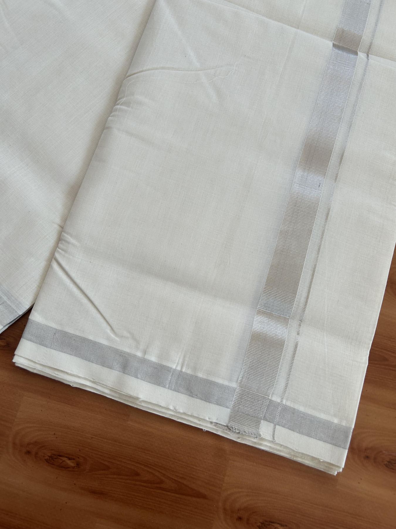 25% Discount! KaithariKada Handloom Millpaav - Kerala Handloom - Cotton Double Mundu/Dhoti Off white (Unbleached) - 80x90 - 1 inch Silver Kasav Kara 4.50 meter (10 Muzham) - 94 KK5383 RAM