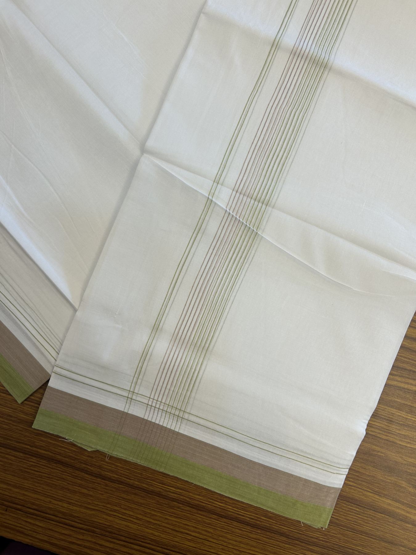 20% Discount ! Kaitharikada Balaramapuram 100% Cotton Pure White Double Mundu/Dothi - 100x80 - 1.75 inch Light Green & Peach Brown Stripes Kara 4 mtr (8.5 muzham) - 50 KK5315 VAS