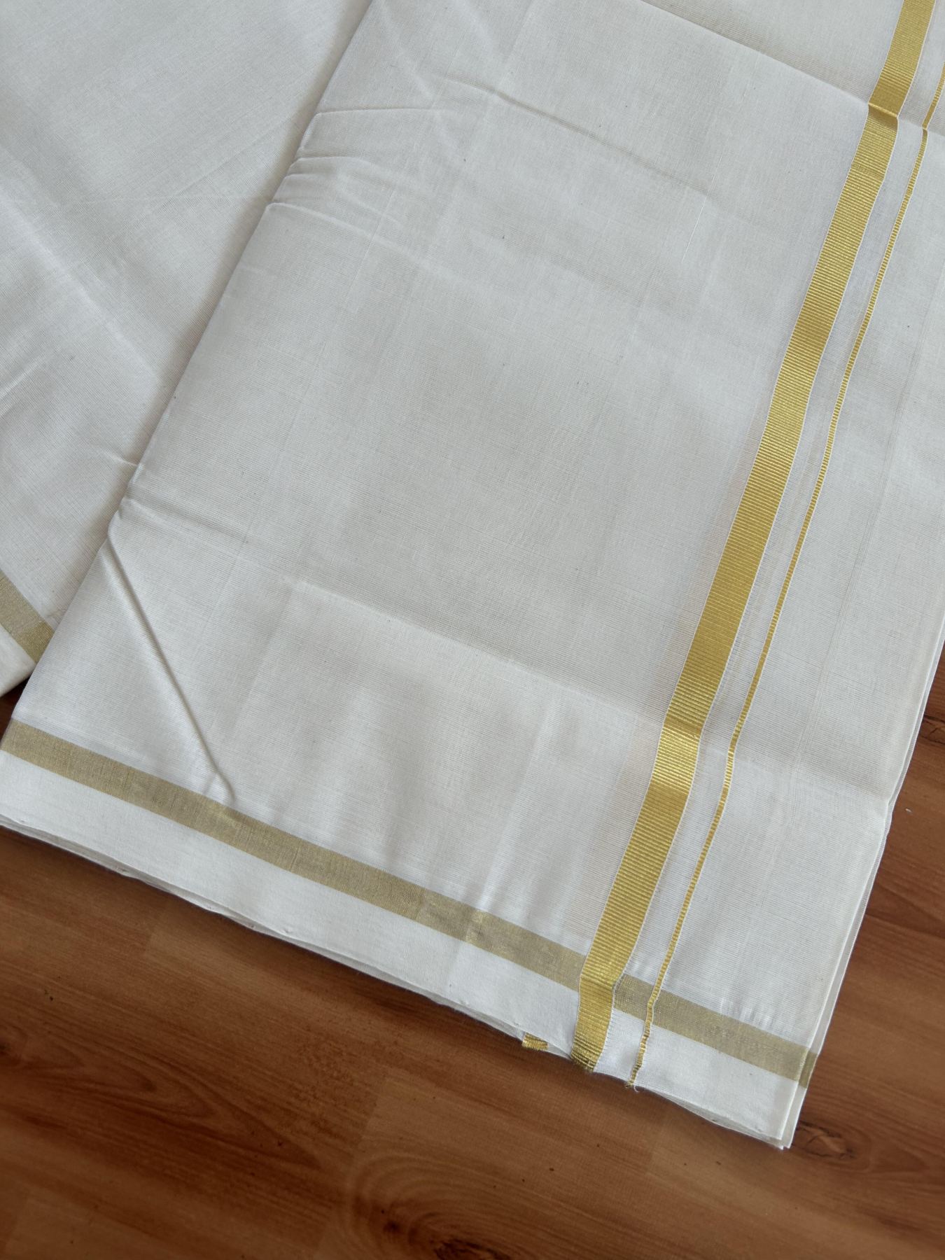 25% Discount! KaithariKada Handloom Millpaav - Kerala Handloom - Cotton Double Mundu/Dhoti Off white (Unbleached) - 80x90 -0.5 inch Gold Kasav Kara 4.50 meter (10 Muzham) - 96 KK5383 RAM