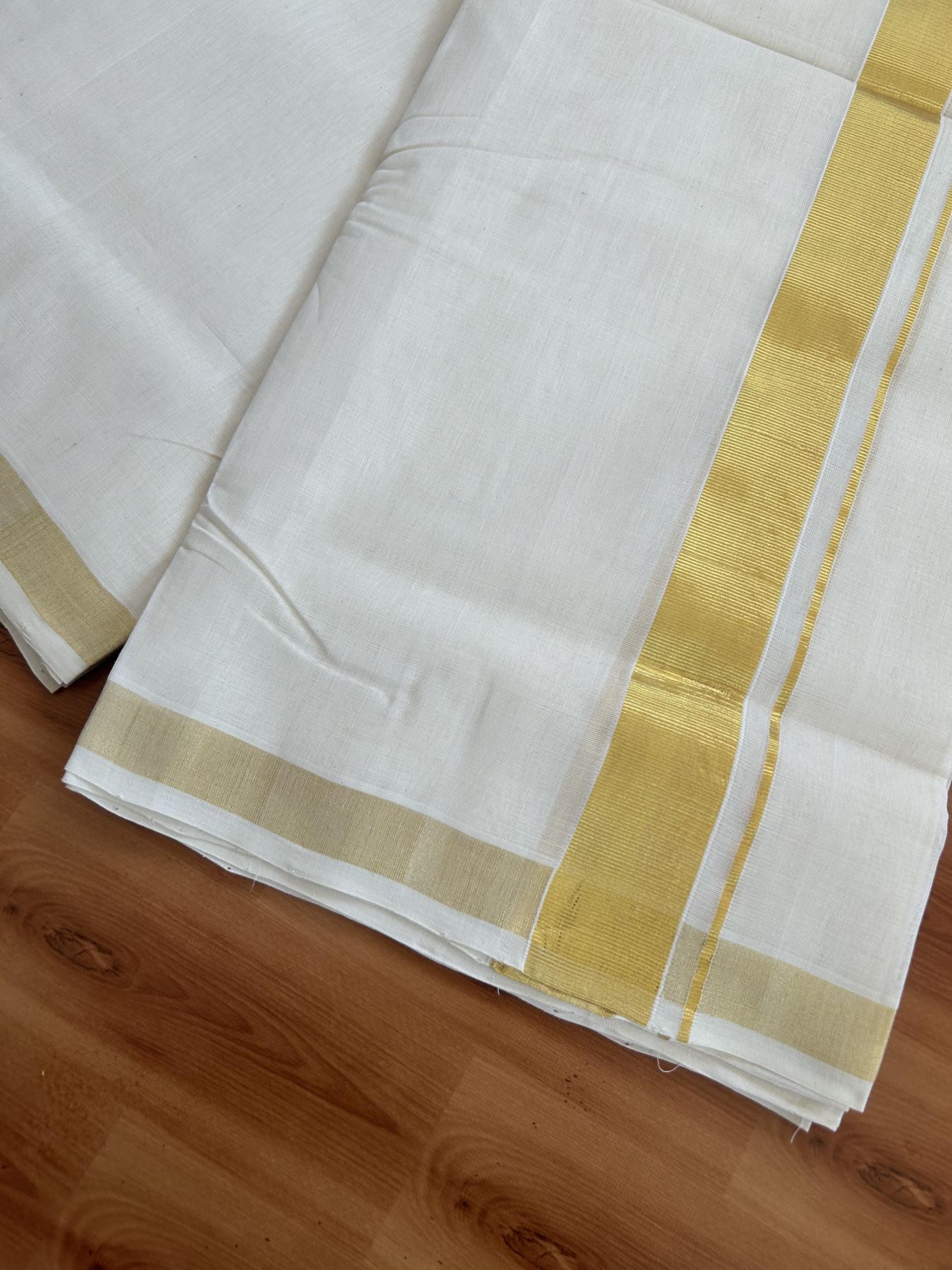25% Discount! KaithariKada Handloom Millpaav - Kerala Handloom - Cotton Double Mundu/Dhoti Off white (Unbleached) - 80x90 - 1.5 inch Gold Kasav Kara 4.50 meter (10 Muzham) - 95 KK5383 RAM