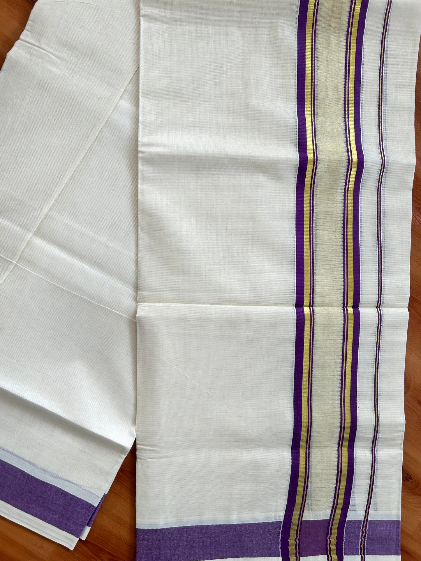 Double Off White - (Unbleached) Mundu/Dhoti - 20% Discount! KaithariKada Balaramapuram Pure Cotton - 80s - 2.25 inch Gold Kasav & Center Tissue Purple Striped Kara - 4 mtr (8.5 Muzham) - 15 KK5413 GAN