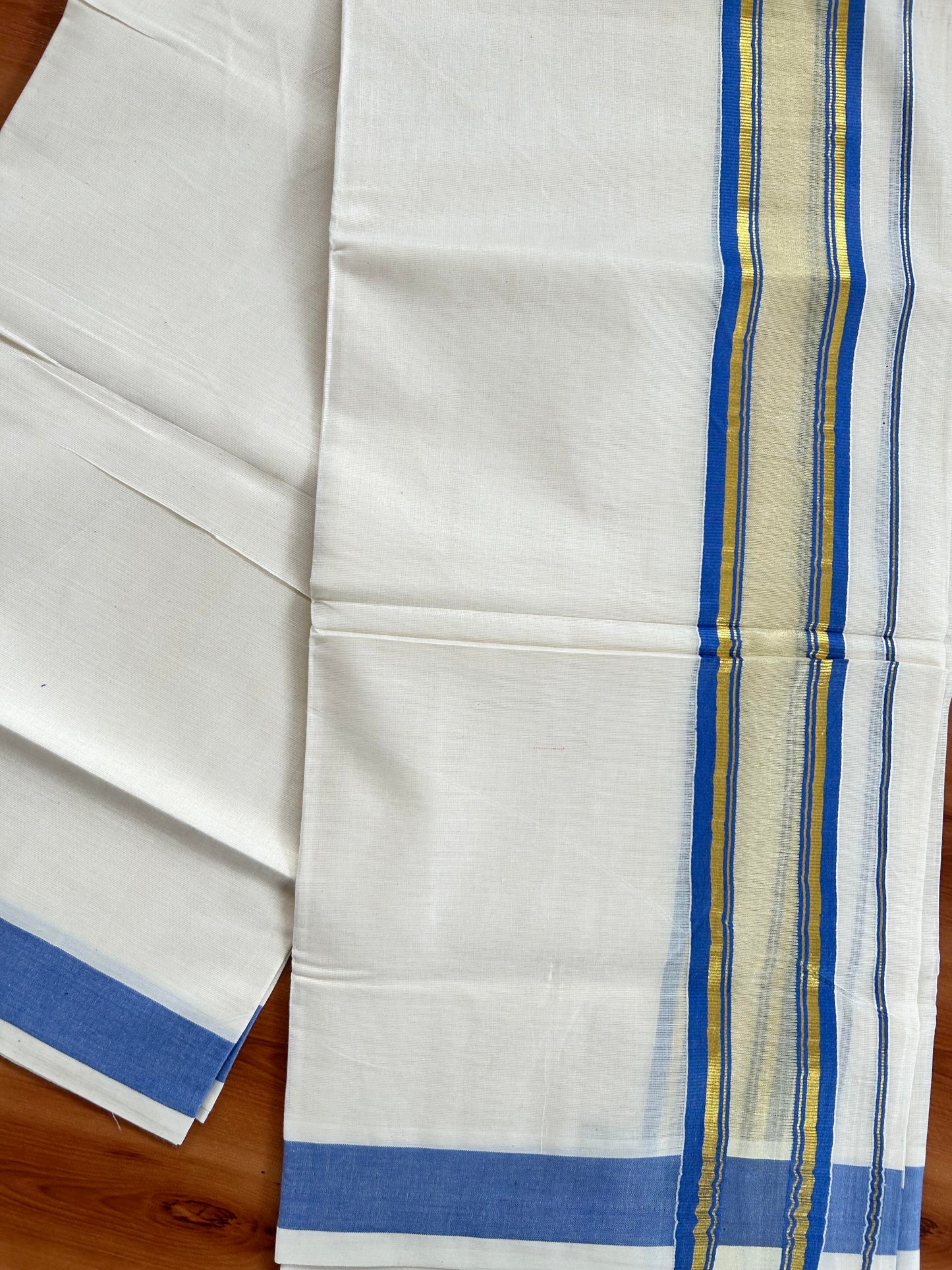 Double Off White - (Unbleached) Mundu/Dhoti - 20% Discount! KaithariKada Balaramapuram Pure Cotton - 80s - 2.25 inch Gold Kasav & Center Tissue Blue Striped Kara - 4 mtr (8.5 Muzham) - 16 KK5413 GAN