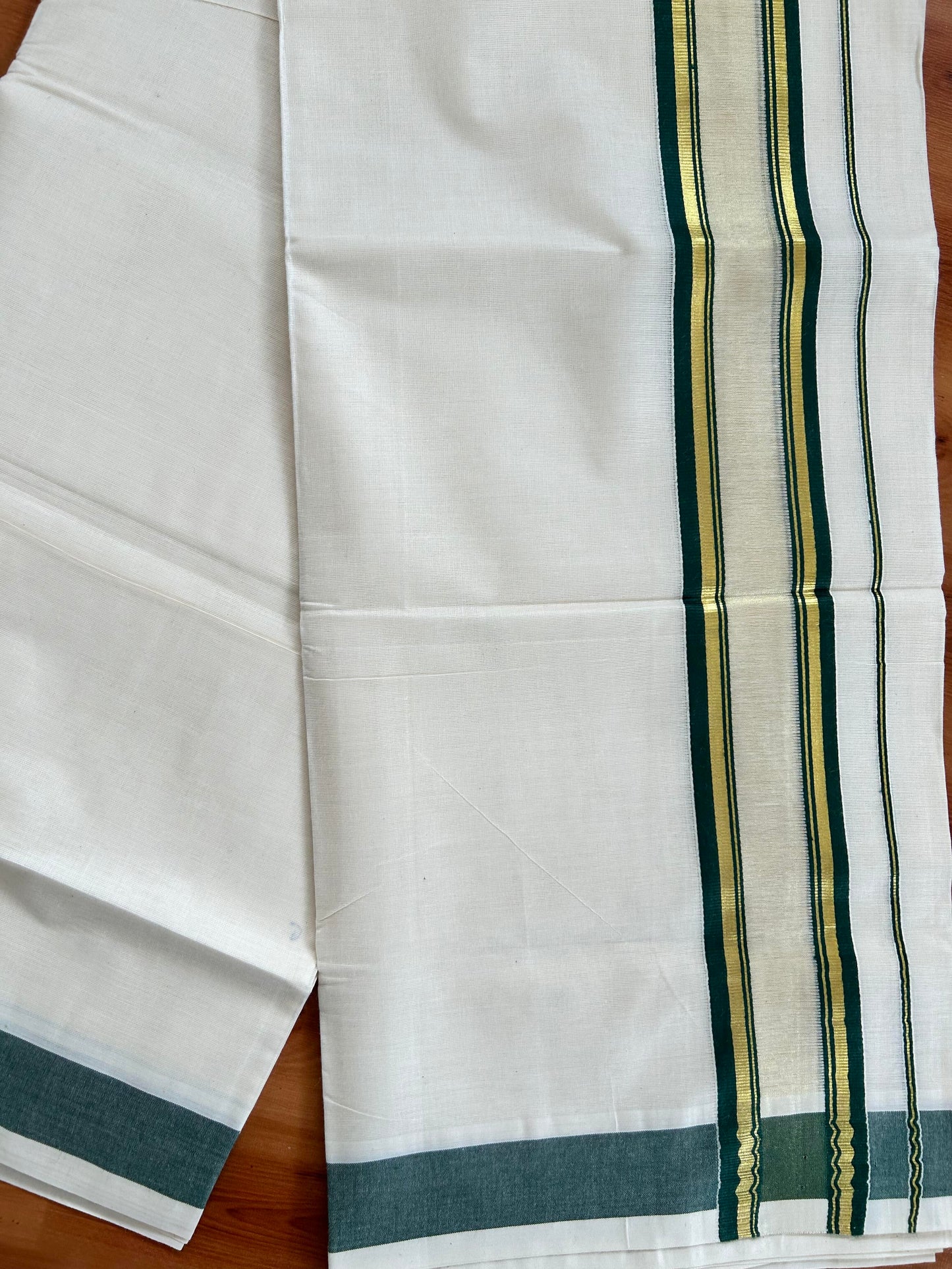 Double Off White - (Unbleached) Mundu/Dhoti - 20% Discount! KaithariKada Balaramapuram Pure Cotton - 80s - 2.25 inch Gold Kasav & Center Tissue Green Striped Kara - 4 mtr (8.5 Muzham) - 18 KK5413 GAN