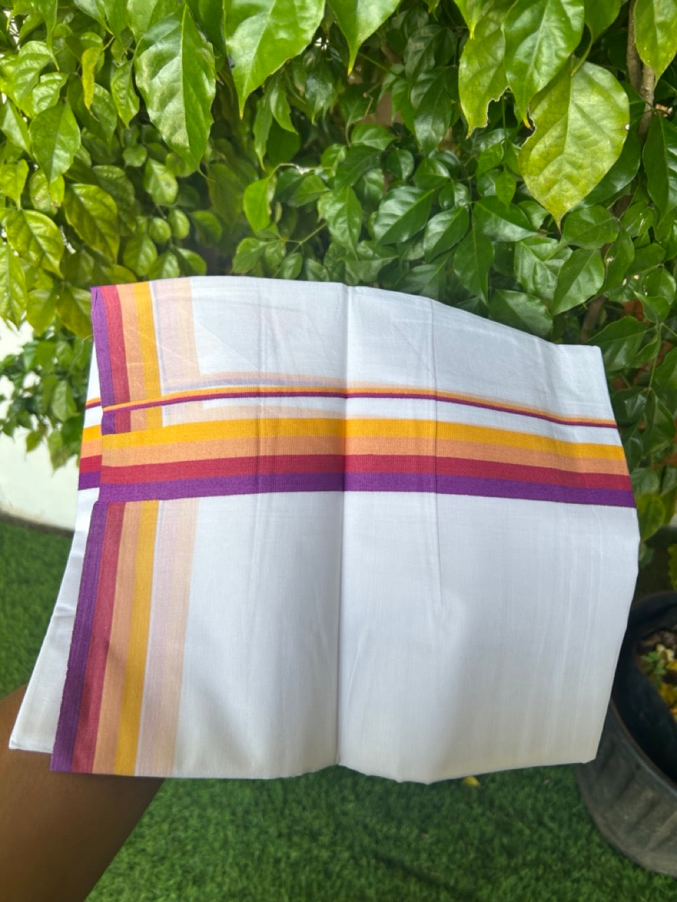 21% DISCOUNT ! KaithariKada Balaramapuram 100% Cotton Pure white Double Mundu/Dhoti - 100X90 - 1.25 inch Multi Colour kara - 3KK5202PMC
