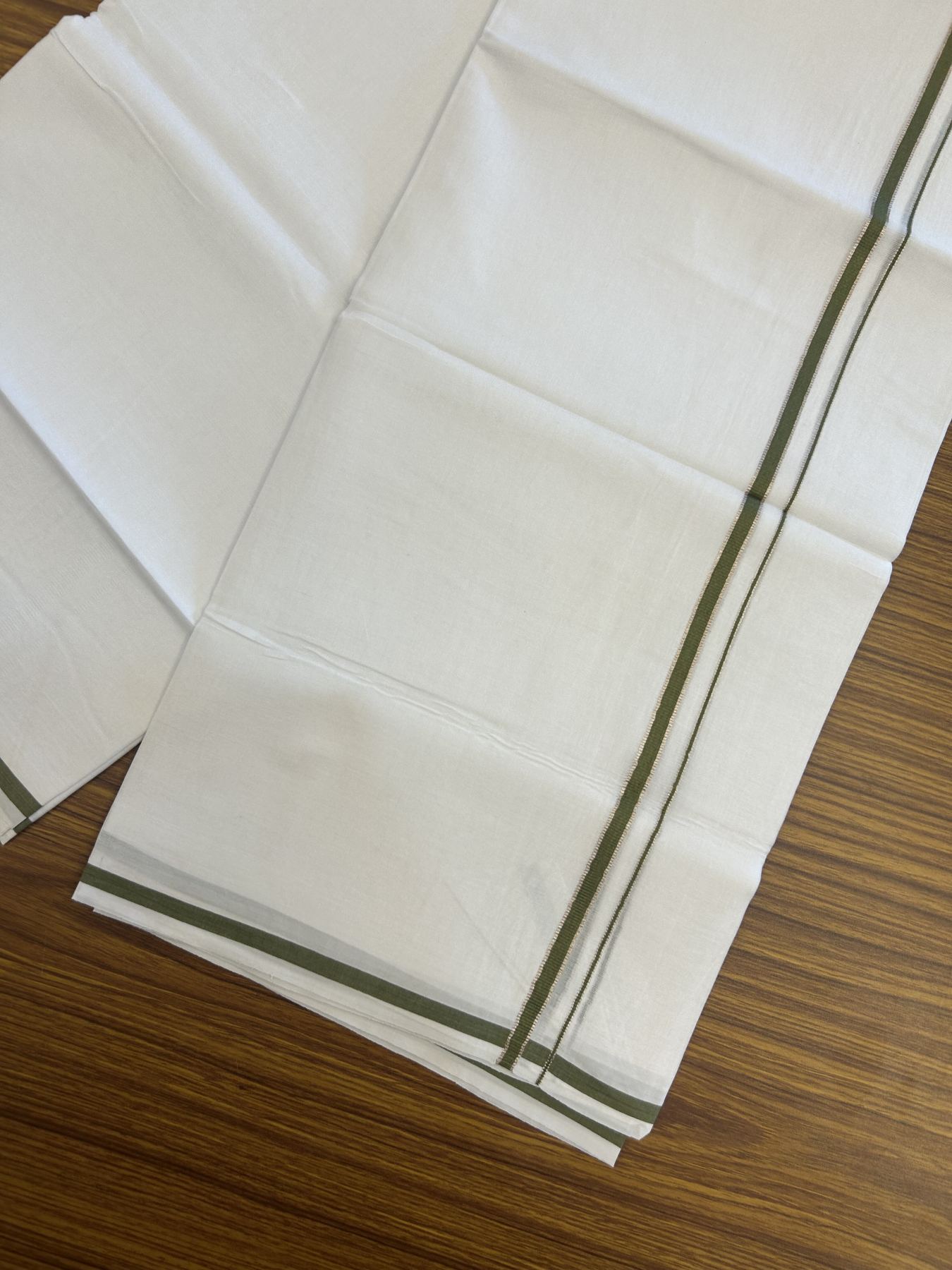 20% Discount! KaithariKada Balaramapuram 100% Cotton Double Pure white Mundu/Dhoti- 100x80 - 0.25 inch Silver Kasav Olive Green kara - 3.75 mtr ( 8 muzham) - 4 KK5315 VAS